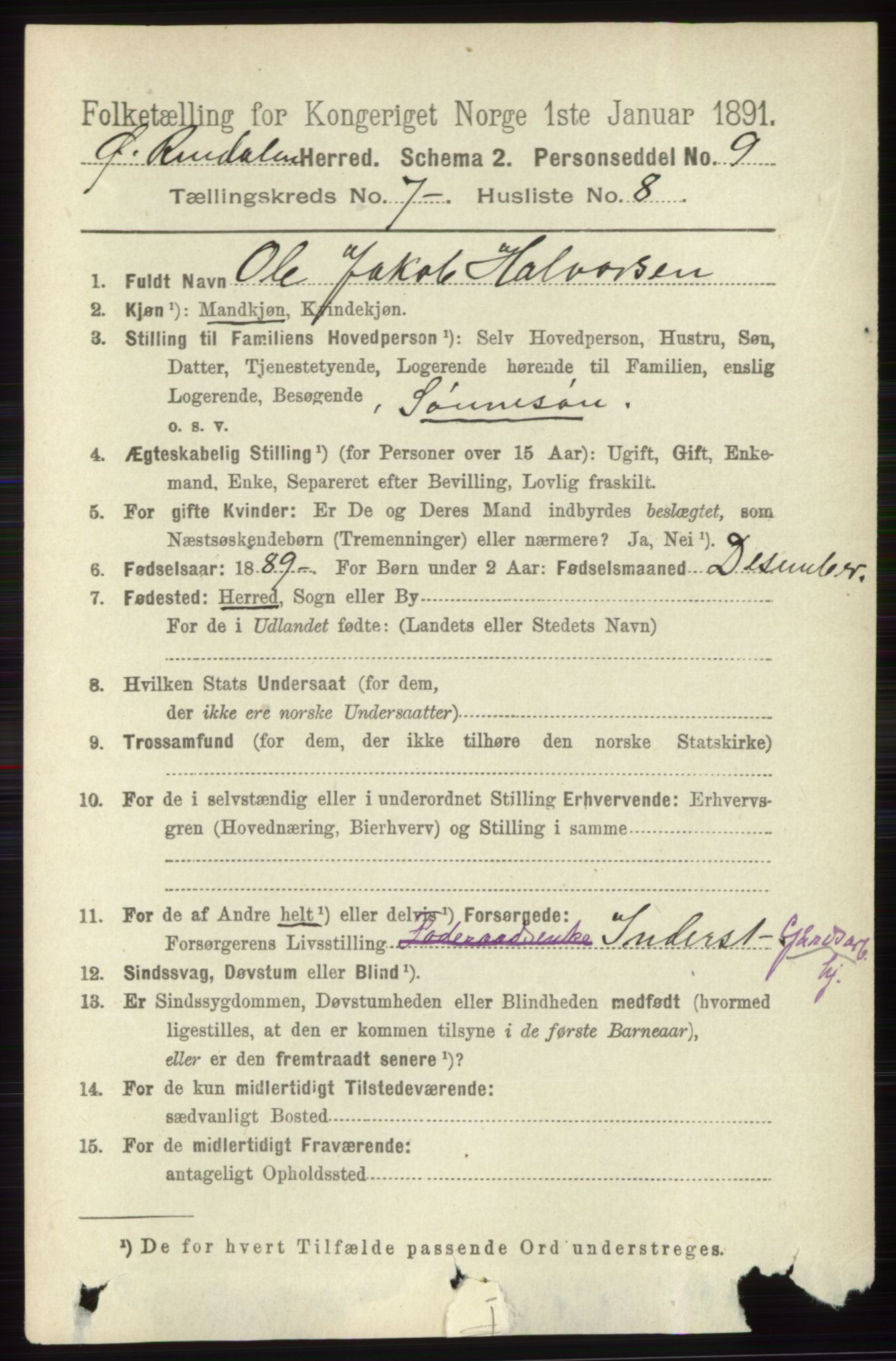 RA, 1891 census for 0433 Øvre Rendal, 1891, p. 1781