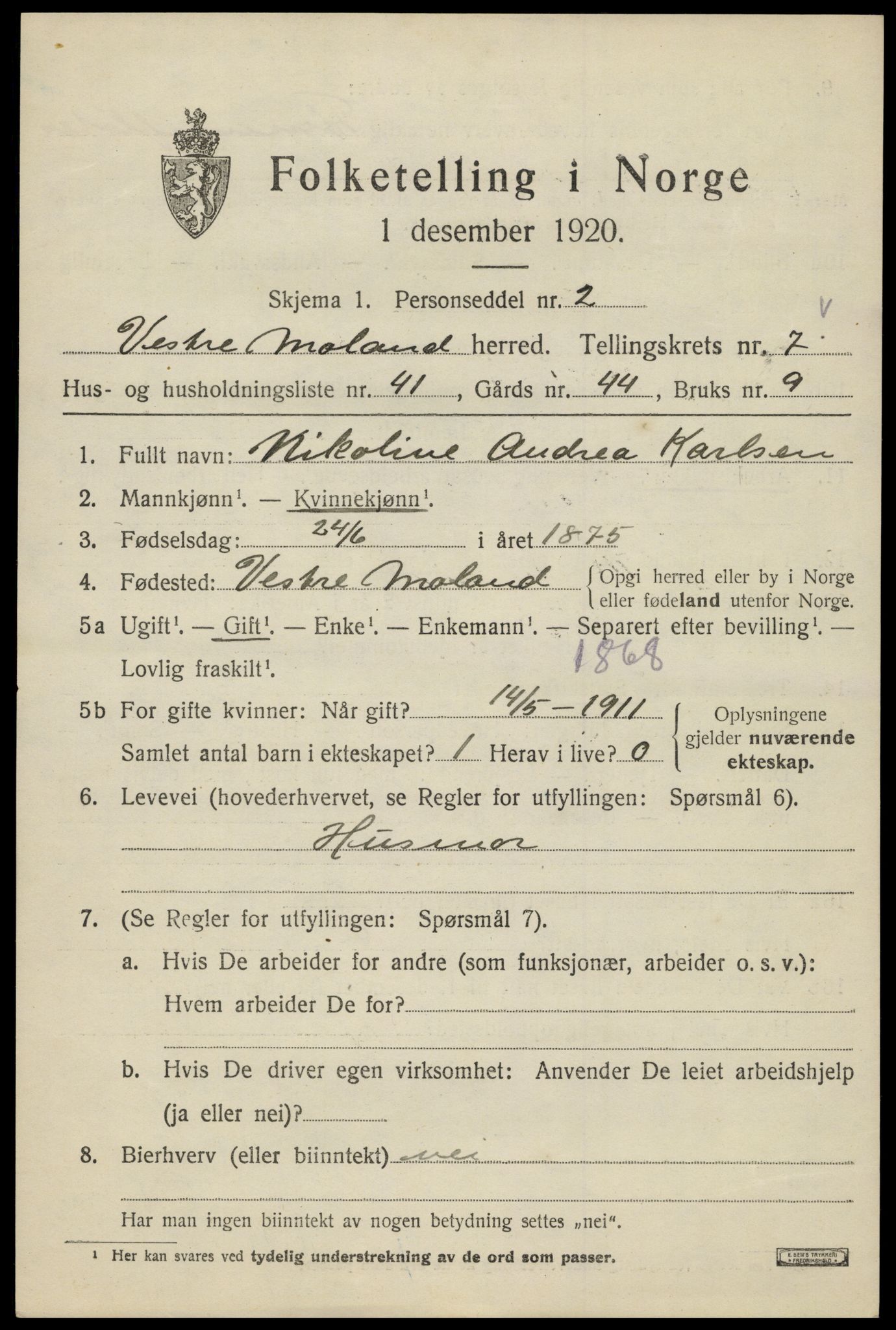 SAK, 1920 census for Vestre Moland, 1920, p. 5215