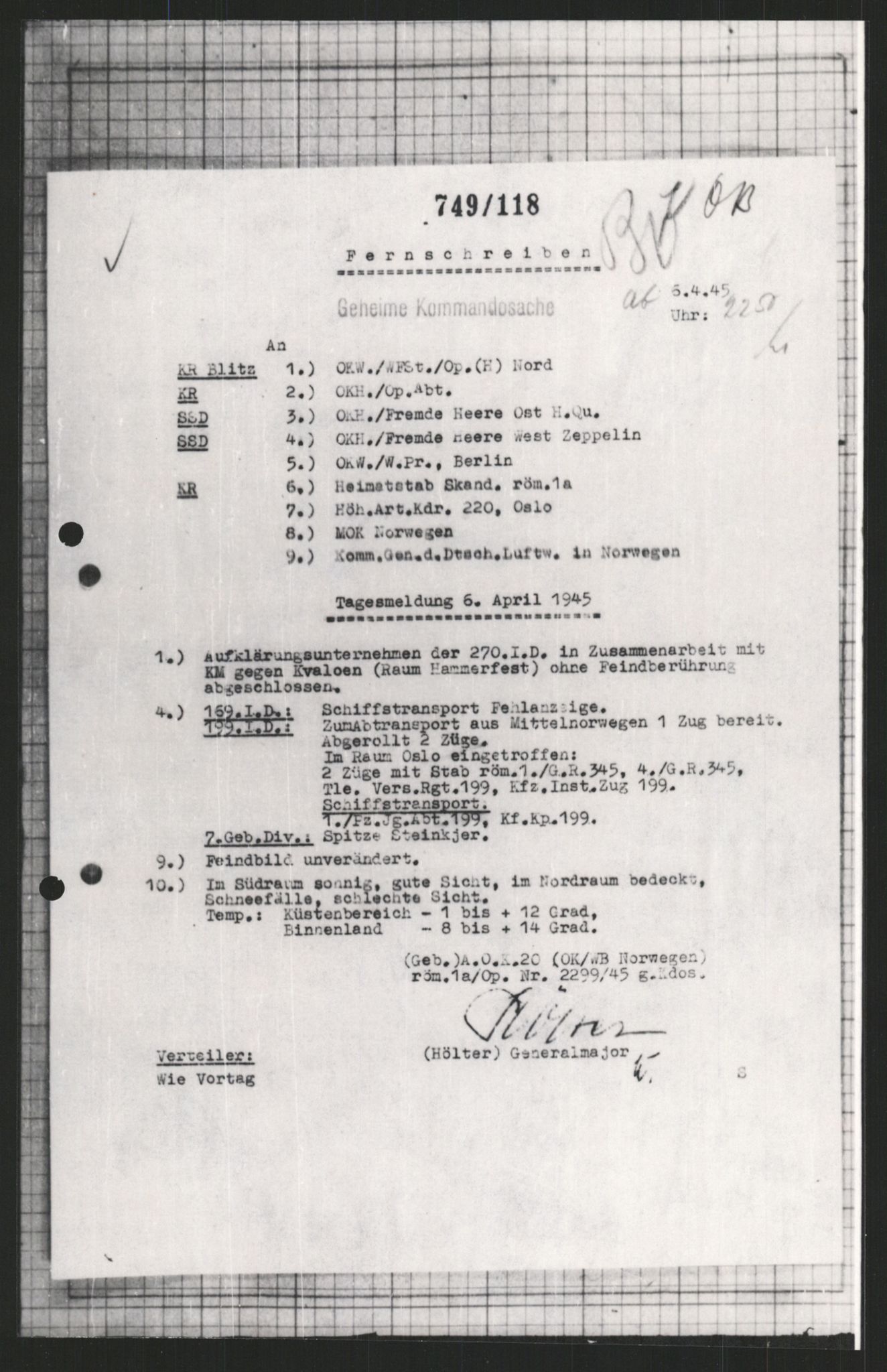 Forsvarets Overkommando. 2 kontor. Arkiv 11.4. Spredte tyske arkivsaker, AV/RA-RAFA-7031/D/Dar/Dara/L0009: Krigsdagbøker for 20. Gebirgs-Armee-Oberkommando (AOK 20), 1940-1945, p. 96