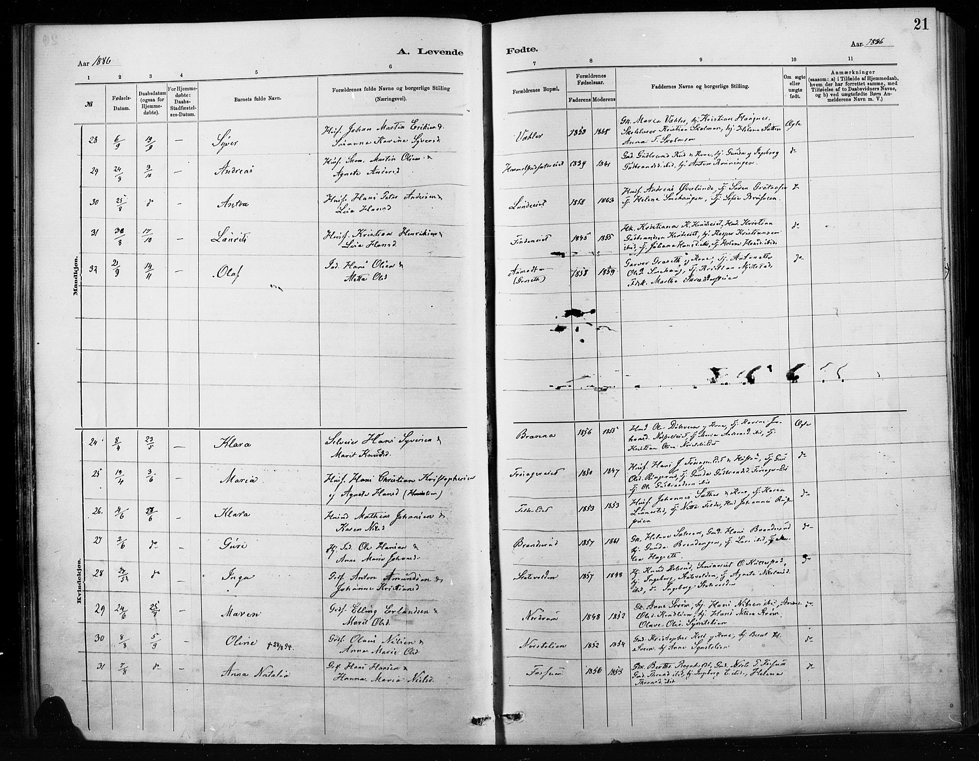 Nordre Land prestekontor, AV/SAH-PREST-124/H/Ha/Haa/L0004: Parish register (official) no. 4, 1882-1896, p. 21