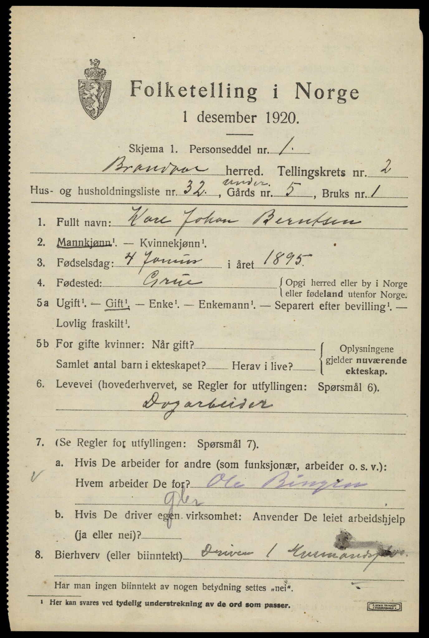 SAH, 1920 census for Brandval, 1920, p. 2492