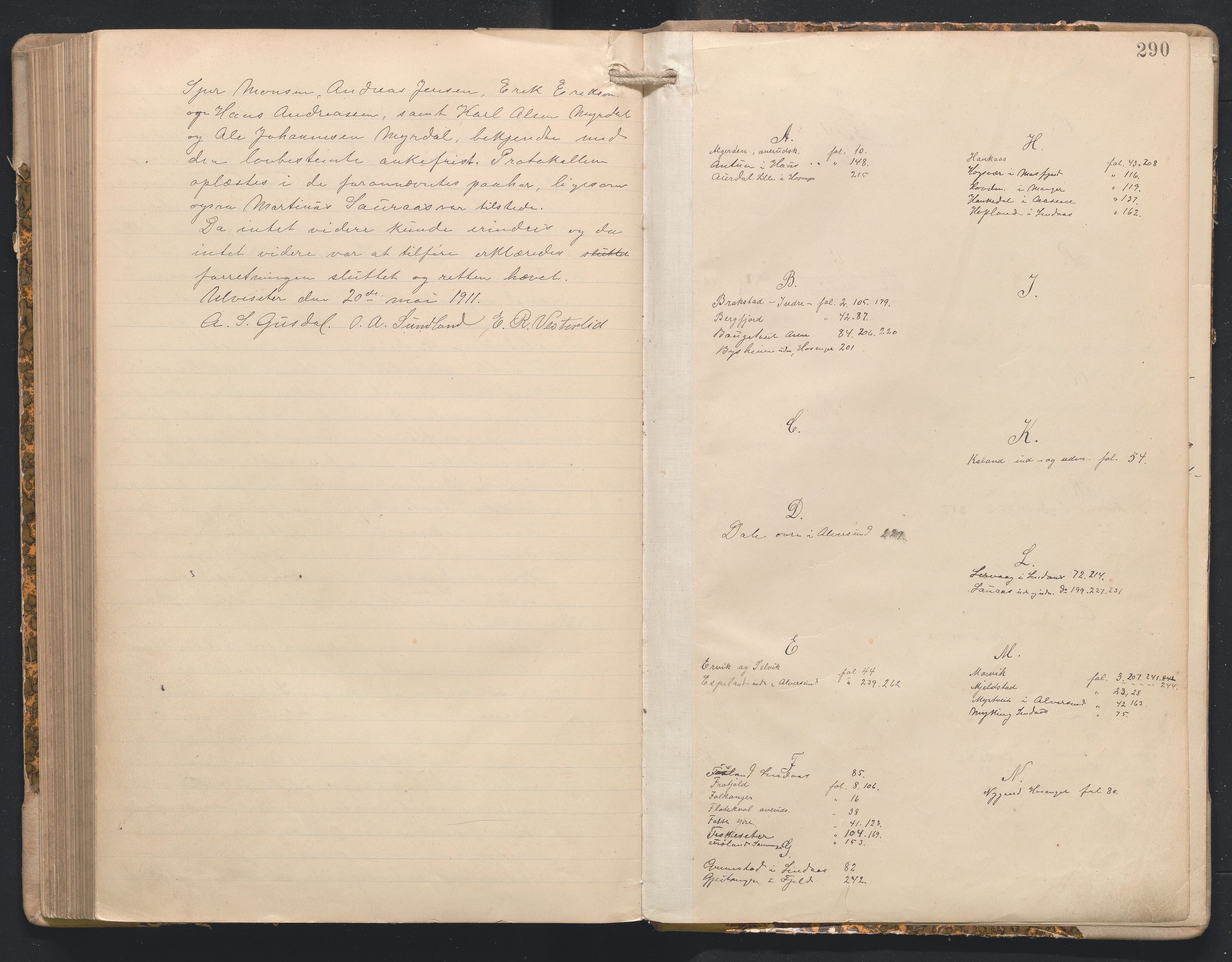 Hordaland jordskiftedøme - I Nordhordland jordskiftedistrikt, AV/SAB-A-6801/A/Aa/L0018: Forhandlingsprotokoll, 1908-1911, p. 289b-290a