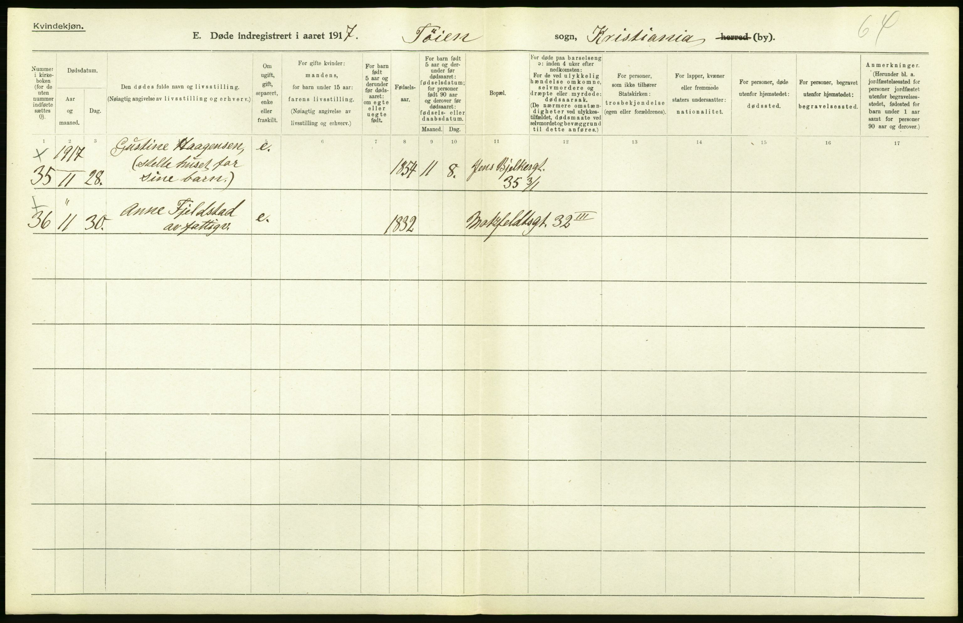 Statistisk sentralbyrå, Sosiodemografiske emner, Befolkning, RA/S-2228/D/Df/Dfb/Dfbg/L0011: Kristiania: Døde, dødfødte., 1917, p. 96