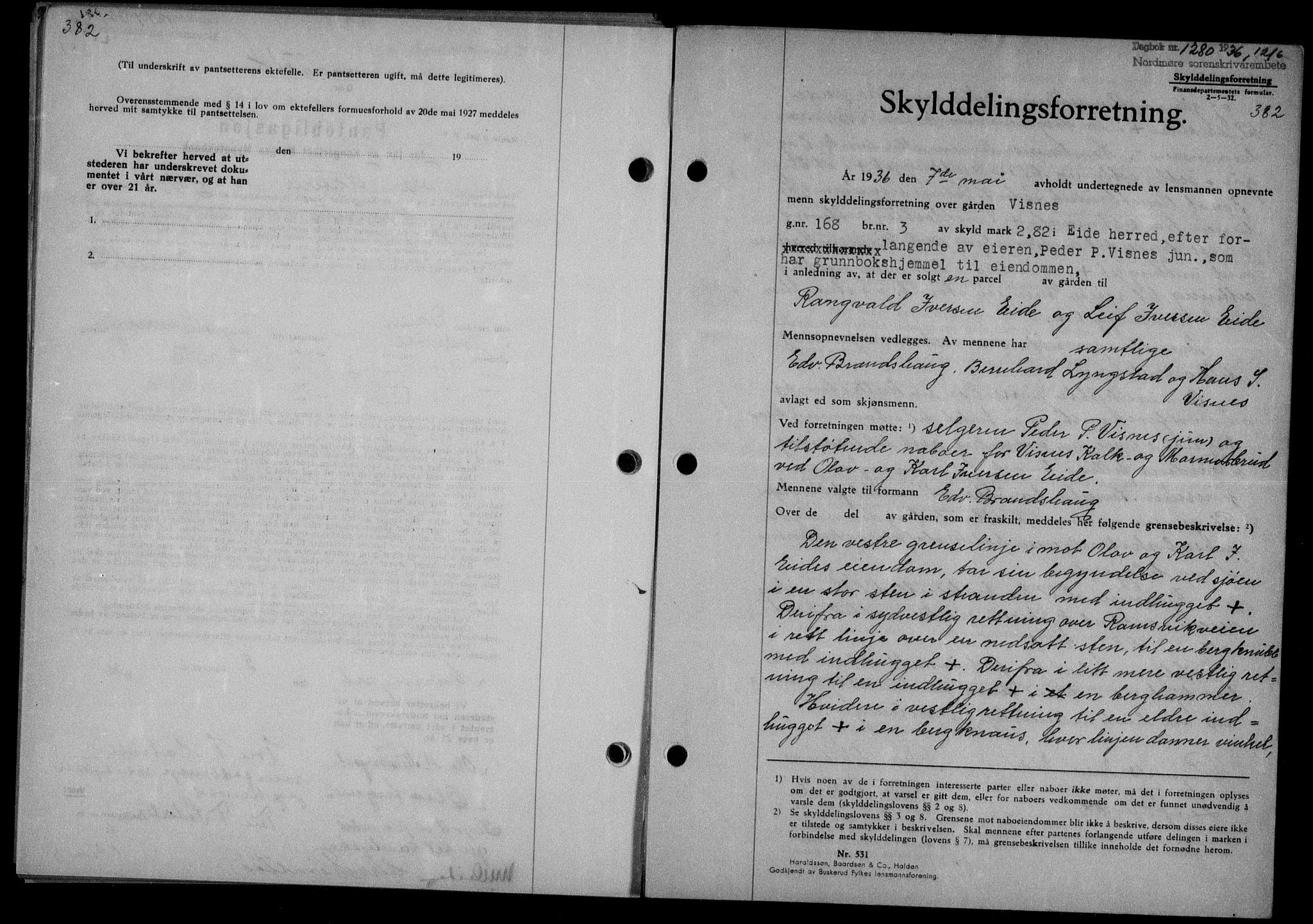 Nordmøre sorenskriveri, AV/SAT-A-4132/1/2/2Ca/L0088: Mortgage book no. 78, 1936-1936, Diary no: : 1280/1936