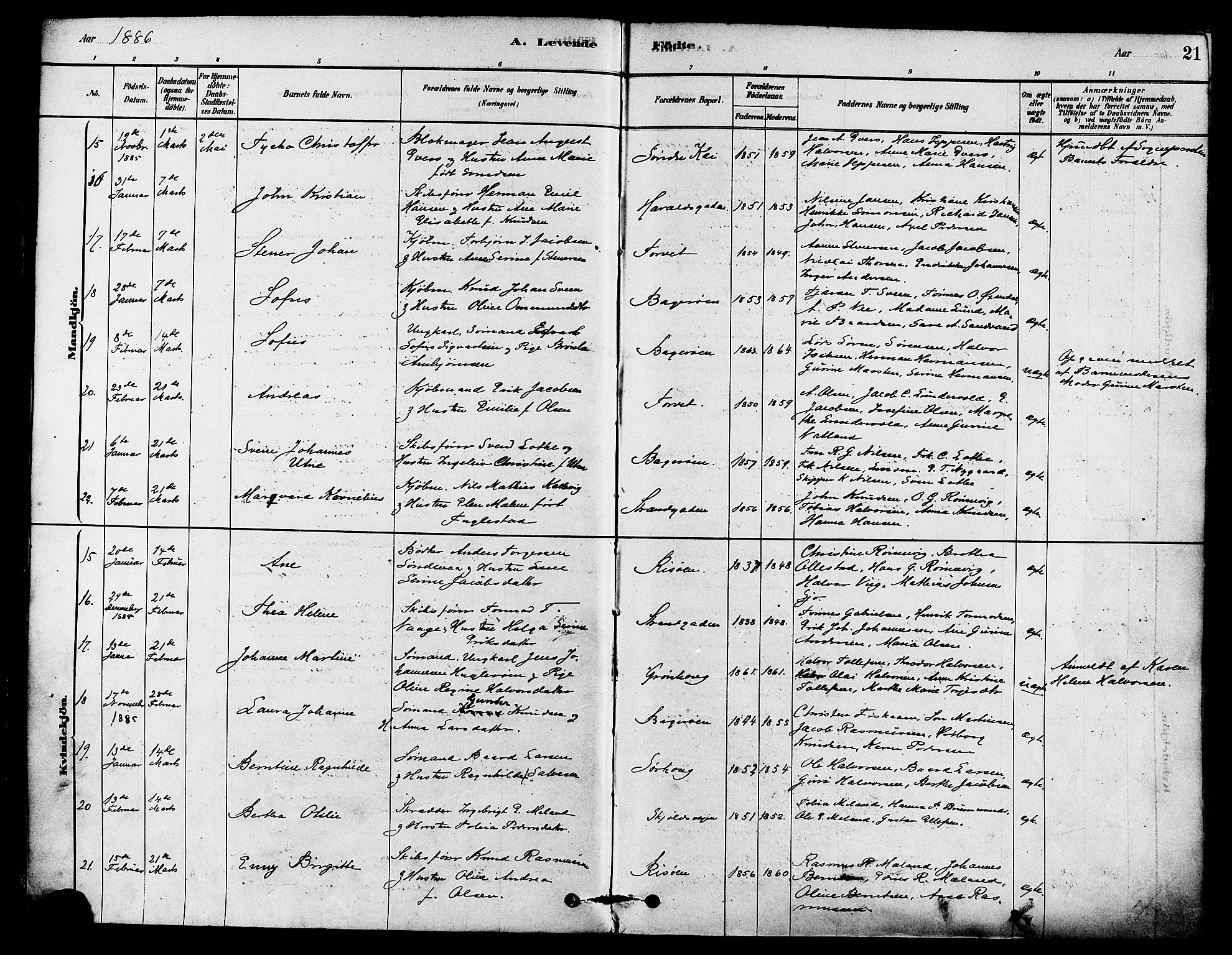 Haugesund sokneprestkontor, SAST/A -101863/H/Ha/Haa/L0003: Parish register (official) no. A 3, 1885-1890, p. 21