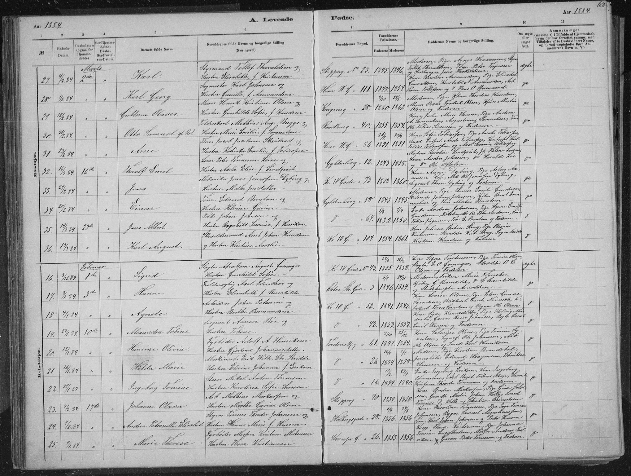 Kristiansand domprosti, SAK/1112-0006/F/Fb/L0014: Parish register (copy) no. B 14, 1881-1896, p. 68