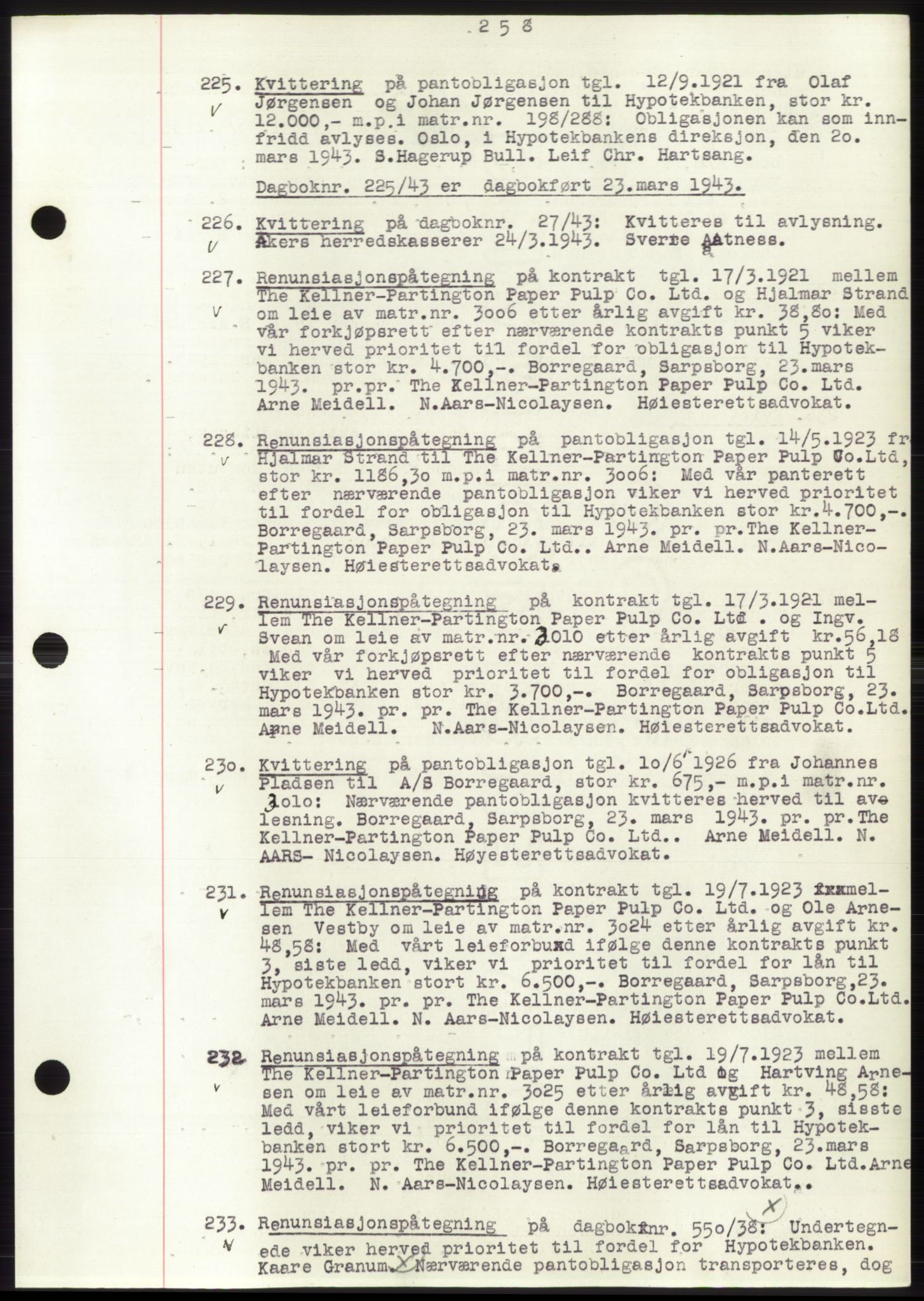 Sarpsborg byfogd, SAO/A-10864/G/Ga/Gae/L0001: Mortgage book no. C1, 1943-1951, Deed date: 23.03.1943