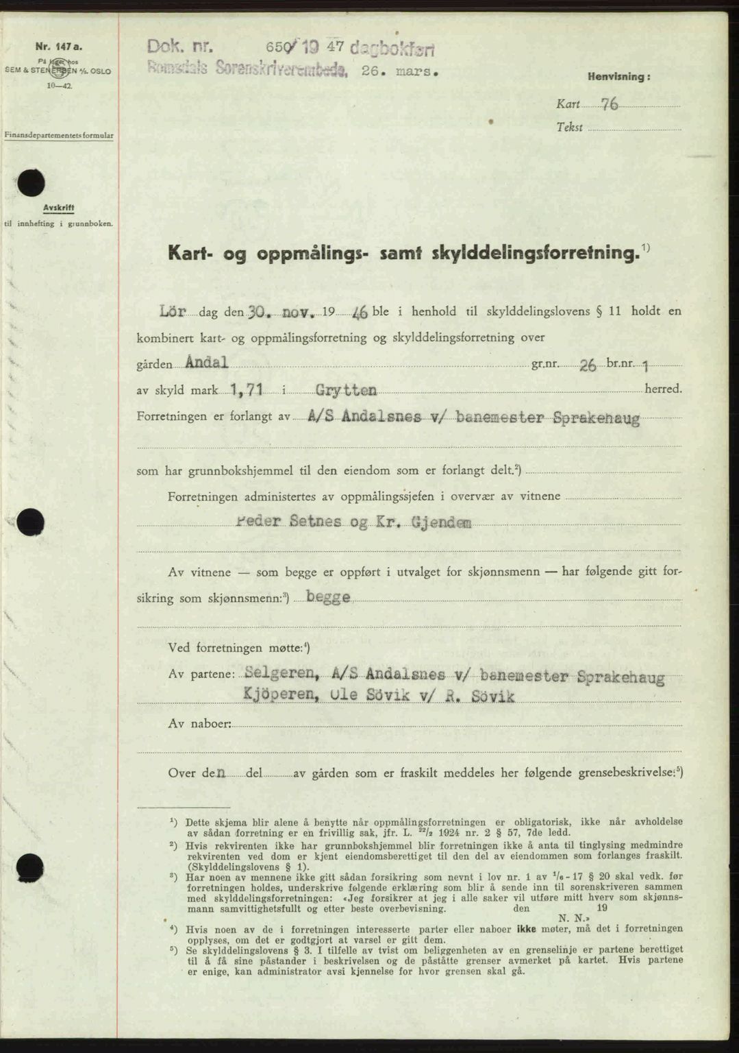 Romsdal sorenskriveri, AV/SAT-A-4149/1/2/2C: Mortgage book no. A22, 1947-1947, Diary no: : 650/1947