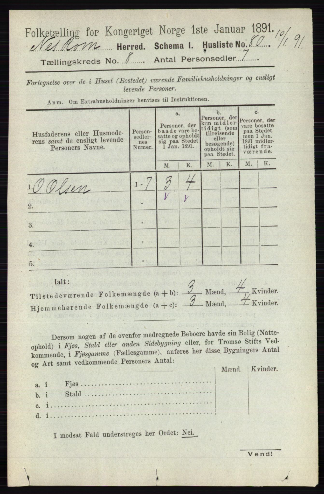RA, 1891 census for 0236 Nes, 1891, p. 4560