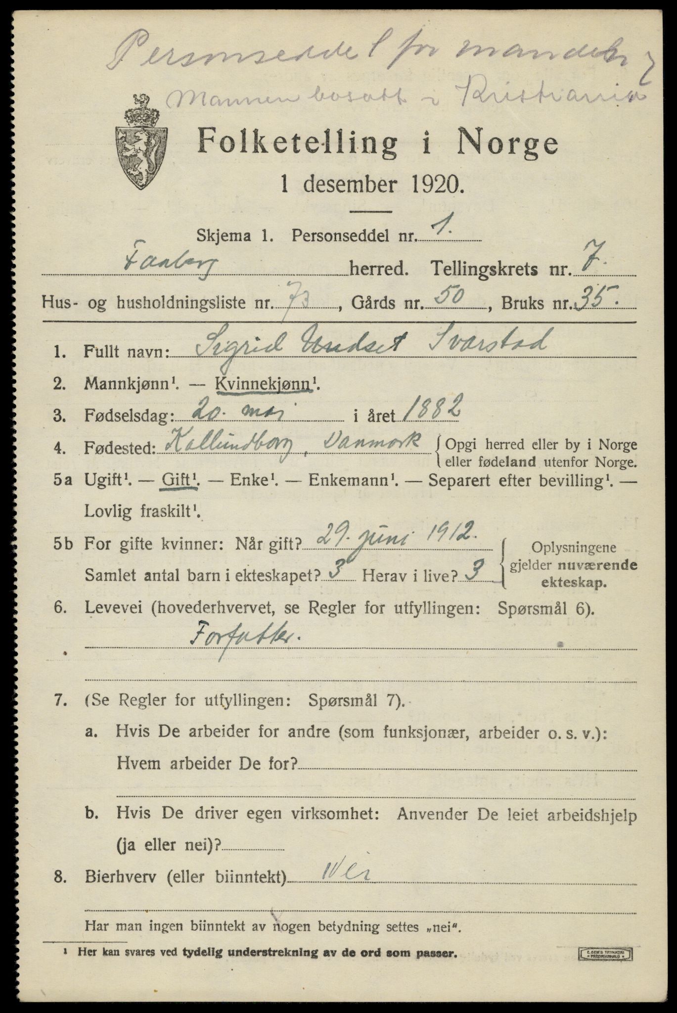 SAH, 1920 census for Fåberg, 1920, p. 9114