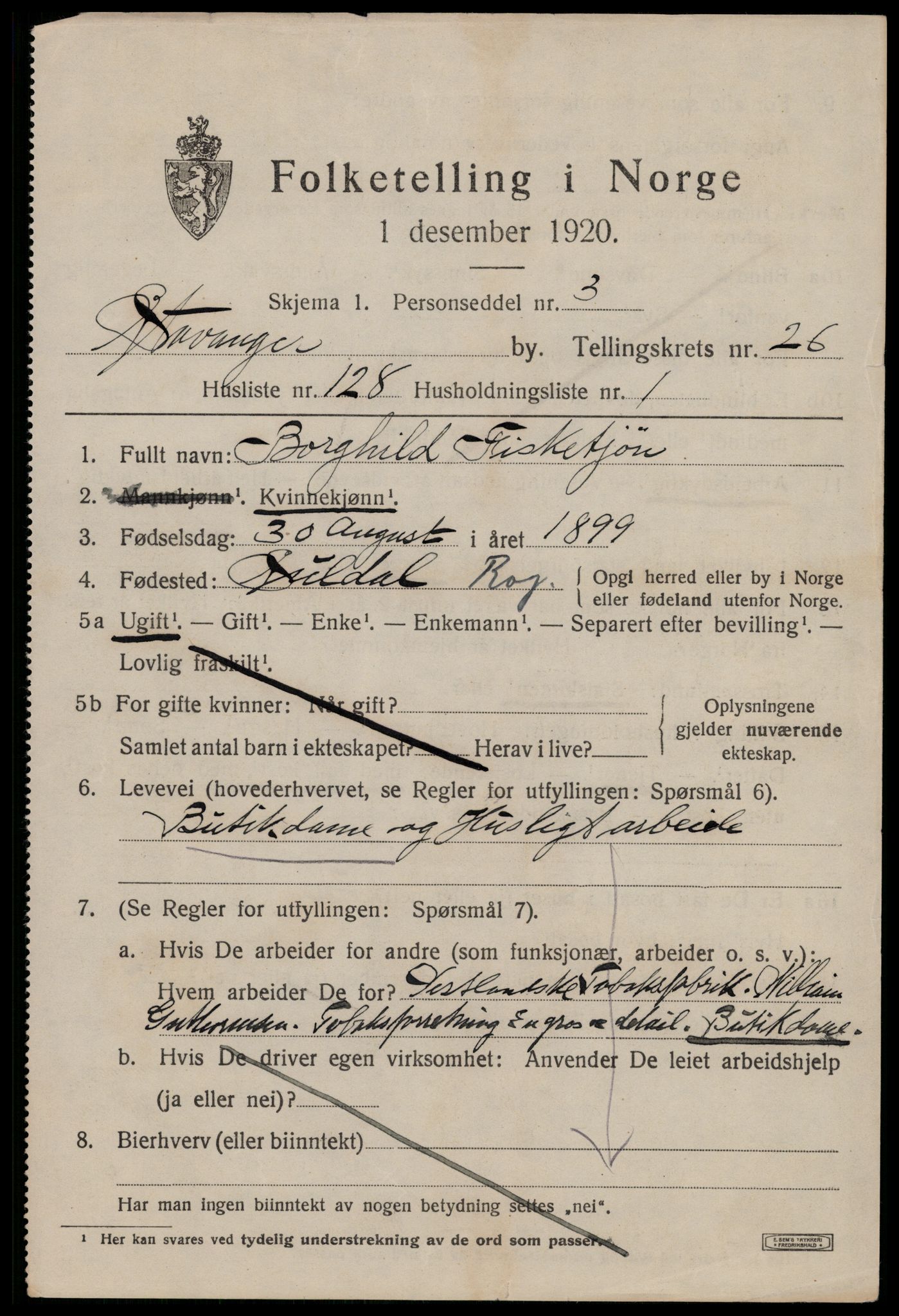 SAST, 1920 census for Stavanger, 1920, p. 79052