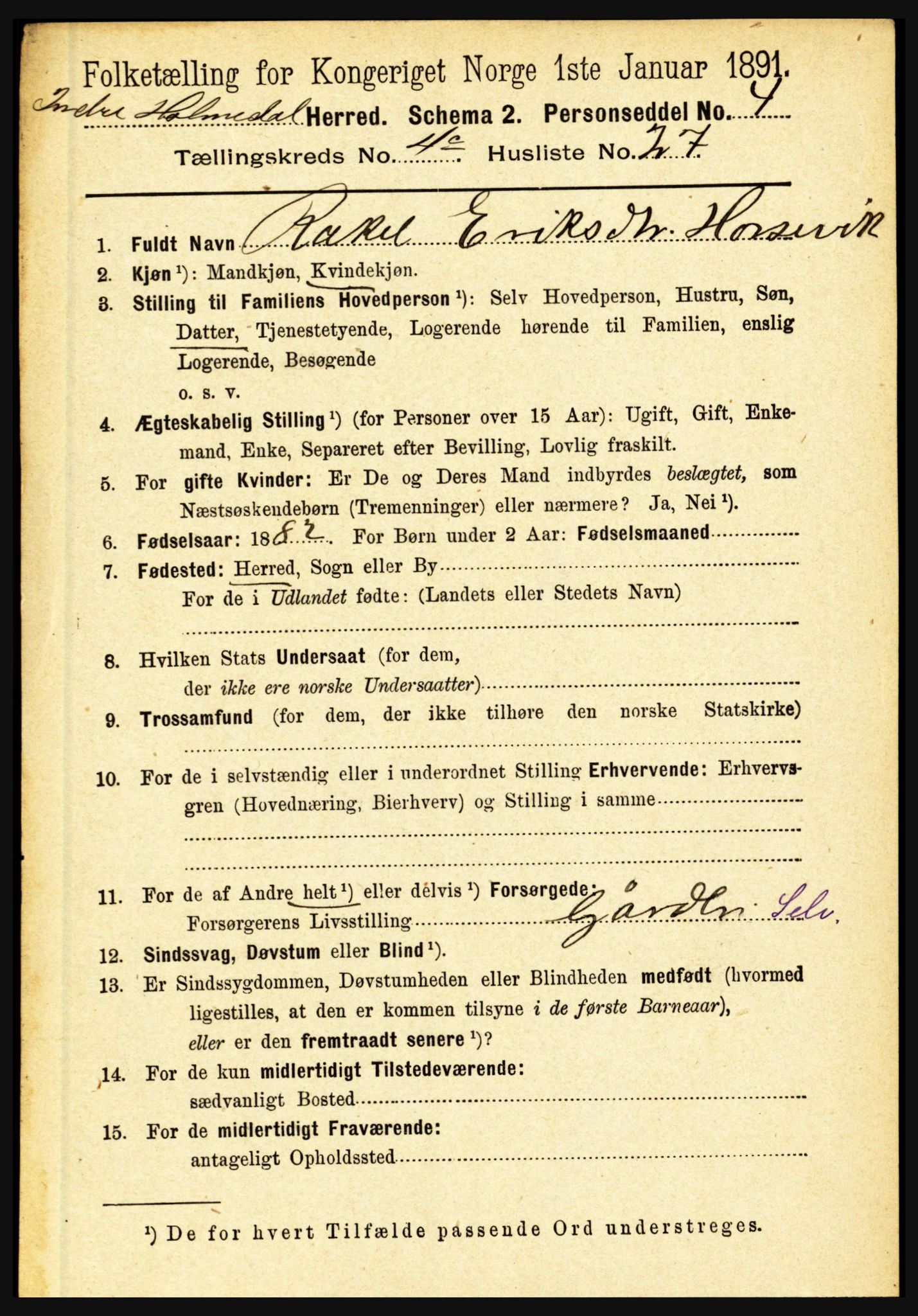 RA, 1891 census for 1430 Indre Holmedal, 1891, p. 1822