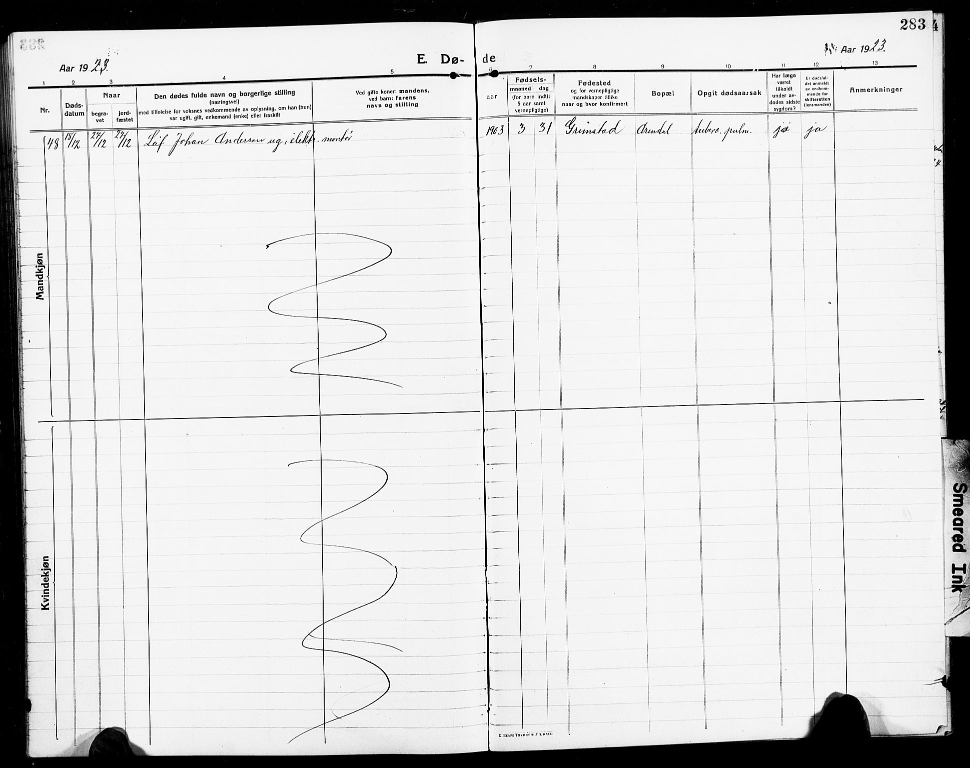 Arendal sokneprestkontor, Trefoldighet, AV/SAK-1111-0040/F/Fb/L0007: Parish register (copy) no. B 7, 1916-1927, p. 283