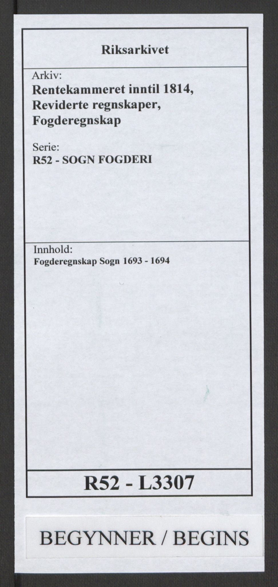 Rentekammeret inntil 1814, Reviderte regnskaper, Fogderegnskap, RA/EA-4092/R52/L3307: Fogderegnskap Sogn, 1693-1694, p. 1