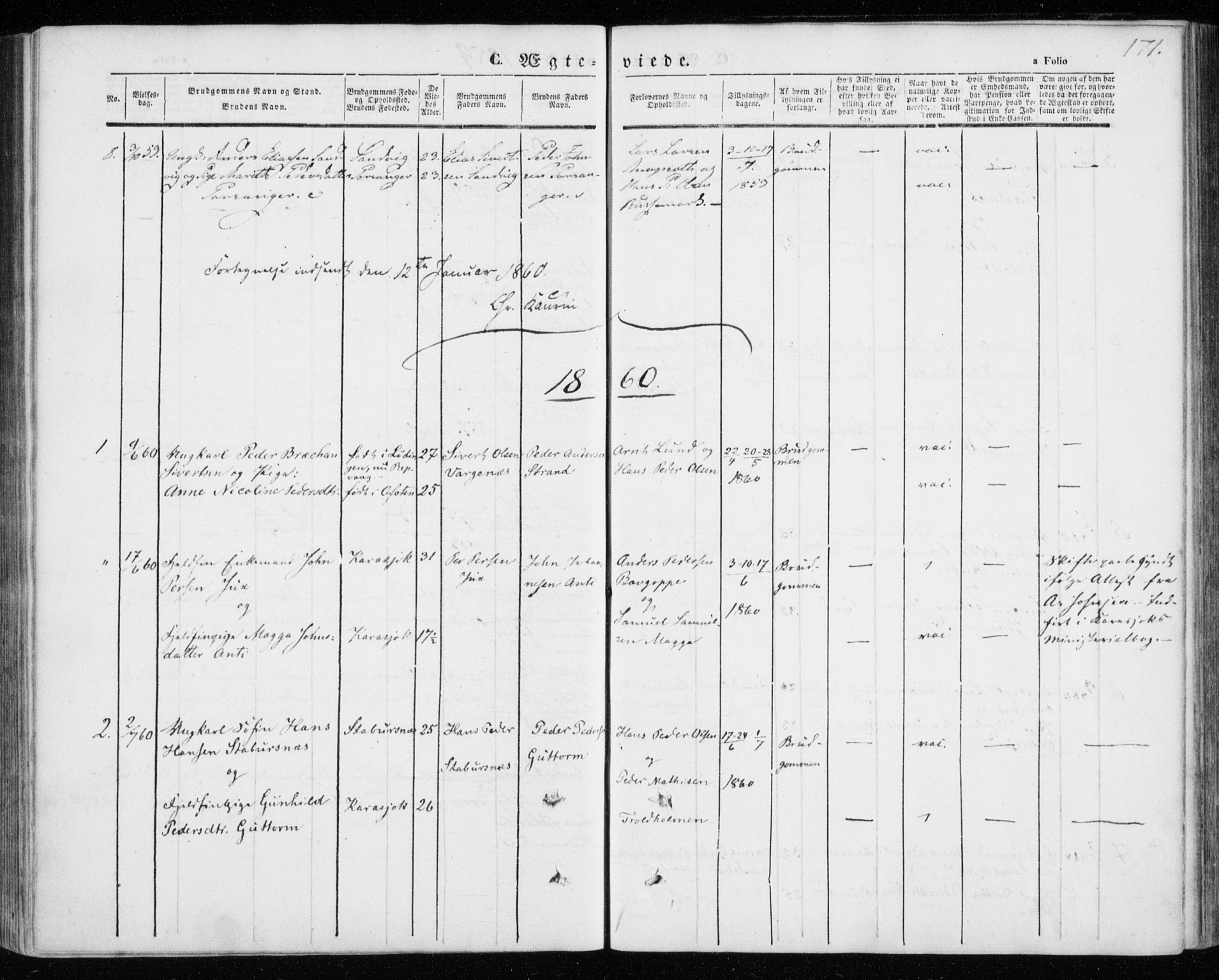 Kistrand/Porsanger sokneprestembete, SATØ/S-1351/H/Ha/L0004.kirke: Parish register (official) no. 4, 1843-1860, p. 171
