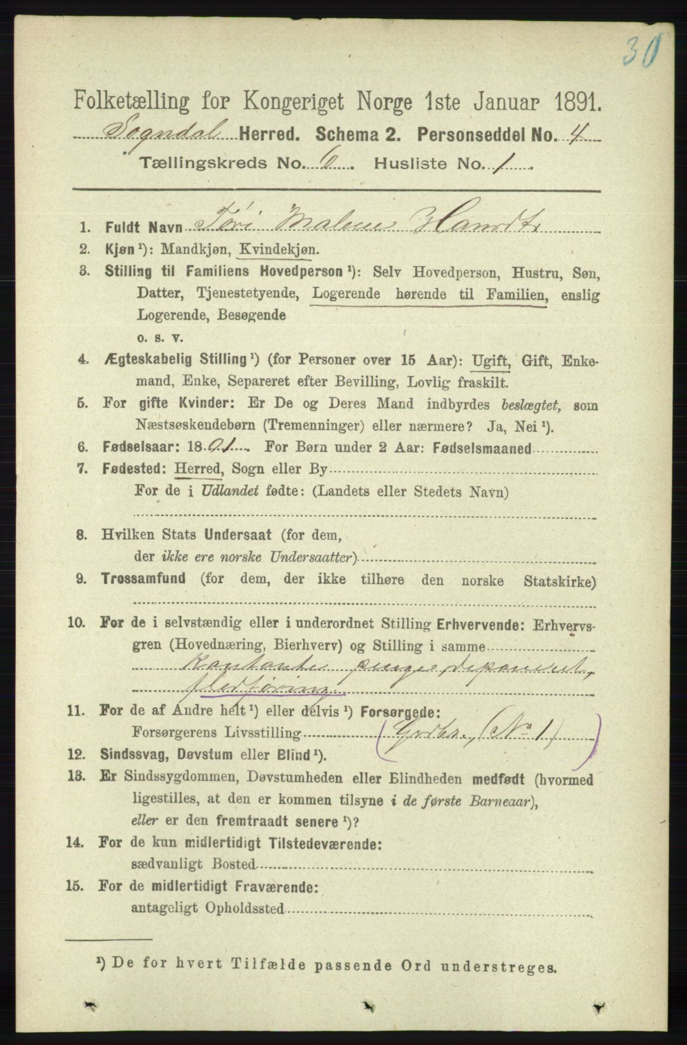 RA, 1891 census for 1111 Sokndal, 1891, p. 1645