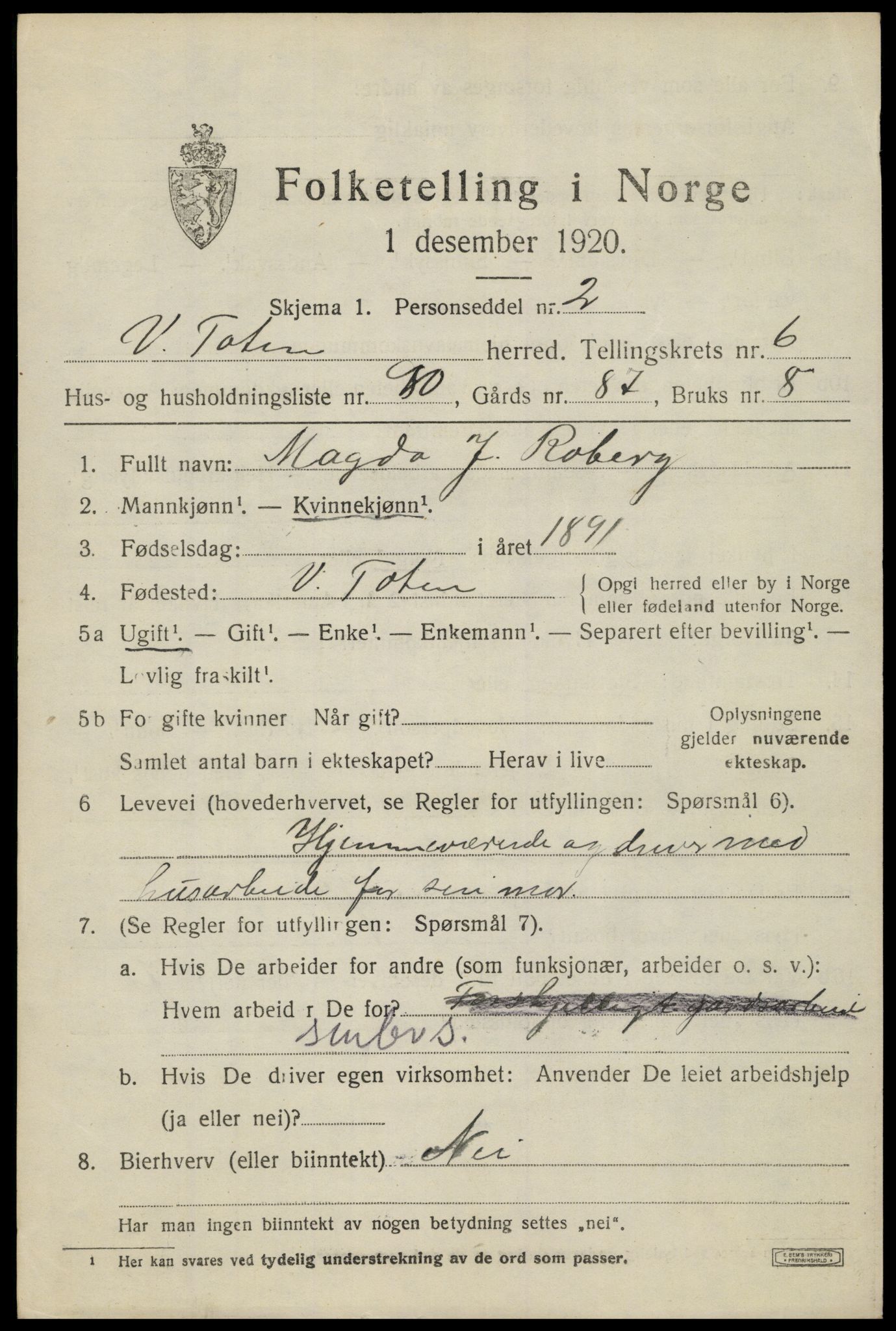 SAH, 1920 census for Vestre Toten, 1920, p. 9220