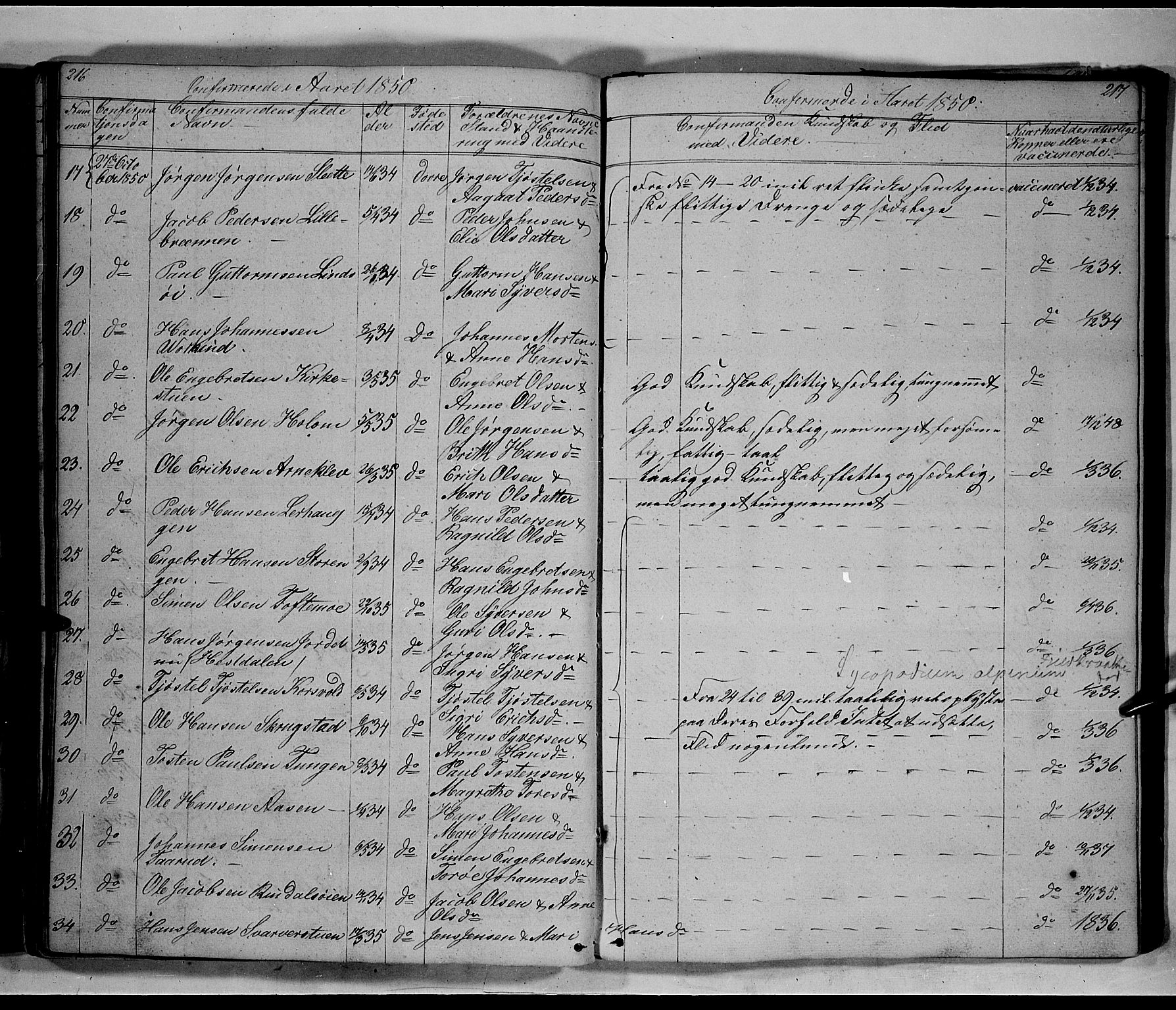 Lesja prestekontor, SAH/PREST-068/H/Ha/Hab/L0003: Parish register (copy) no. 3, 1842-1862, p. 216-217