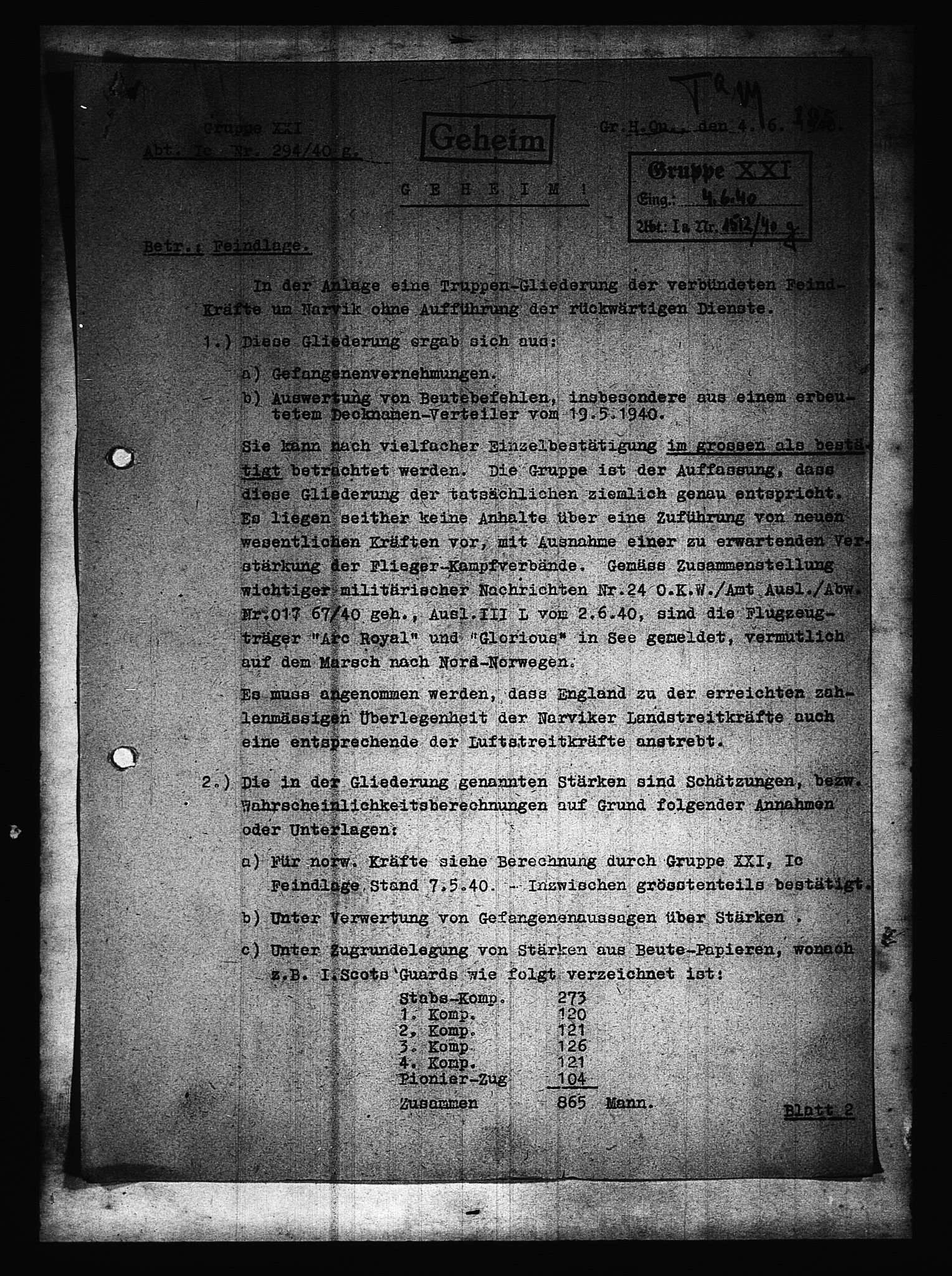 Documents Section, AV/RA-RAFA-2200/V/L0079: Amerikansk mikrofilm "Captured German Documents".
Box No. 718.  FKA jnr. 601/1954., 1940, p. 378