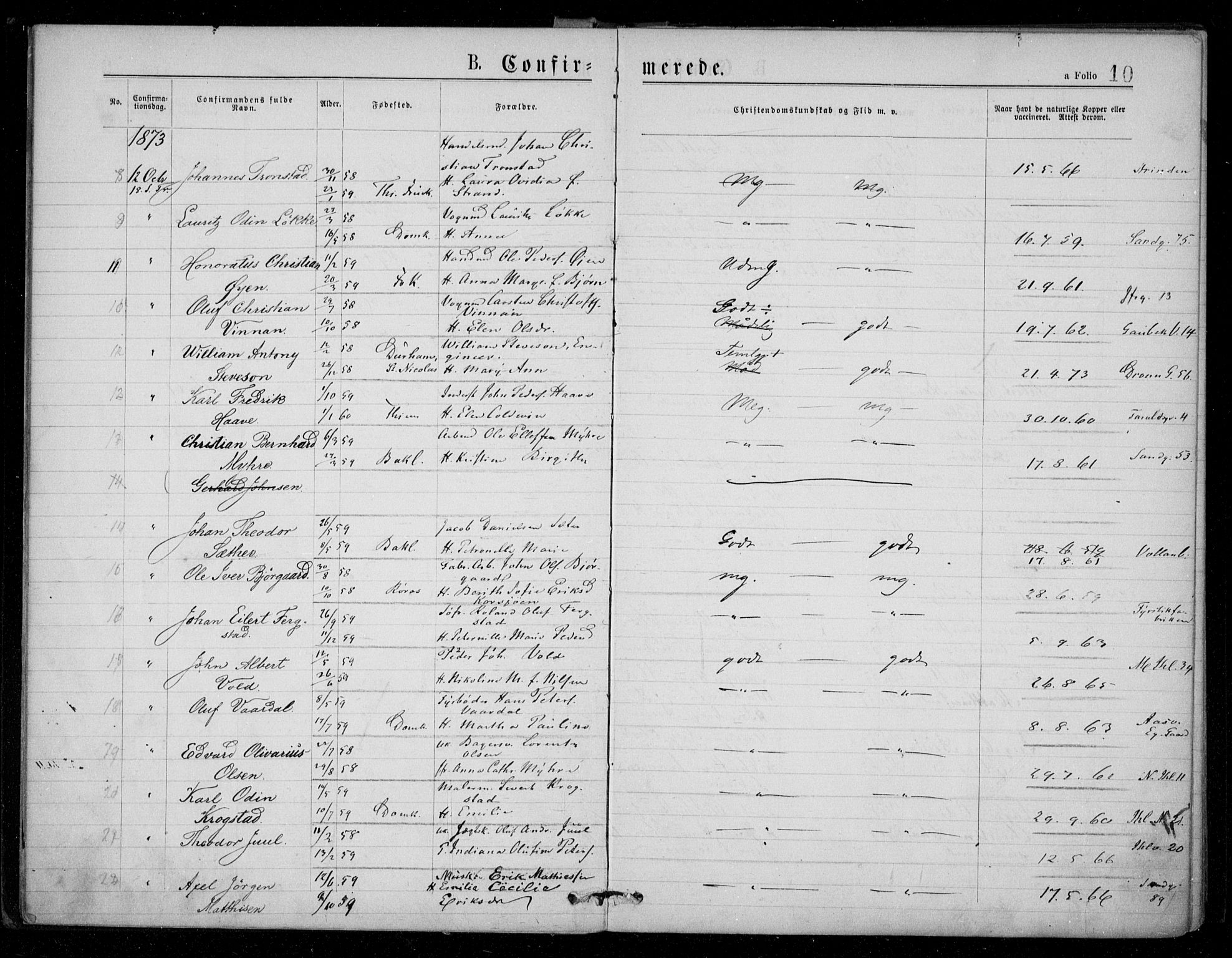 Ministerialprotokoller, klokkerbøker og fødselsregistre - Sør-Trøndelag, AV/SAT-A-1456/602/L0121: Parish register (official) no. 602A19, 1872-1879, p. 10