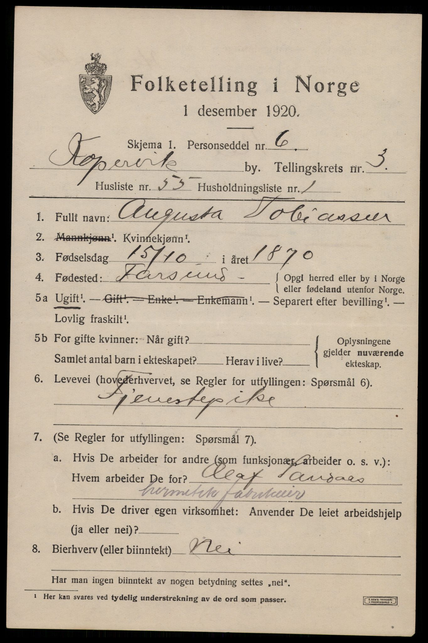 SAST, 1920 census for Kopervik, 1920, p. 4844