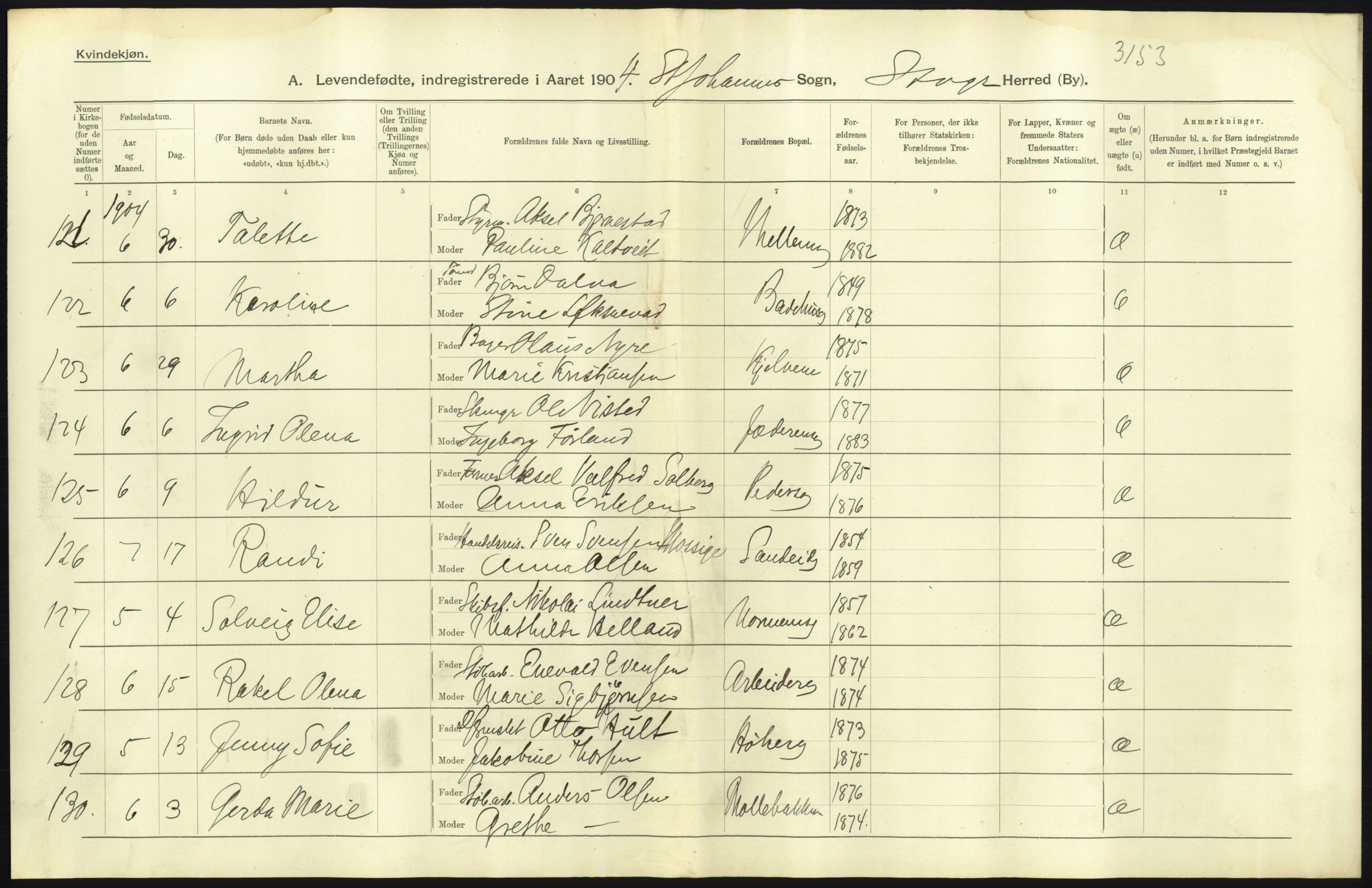 Statistisk sentralbyrå, Sosiodemografiske emner, Befolkning, AV/RA-S-2228/D/Df/Dfa/Dfab/L0012: Stavanger amt: Fødte, gifte, døde, 1904, p. 63