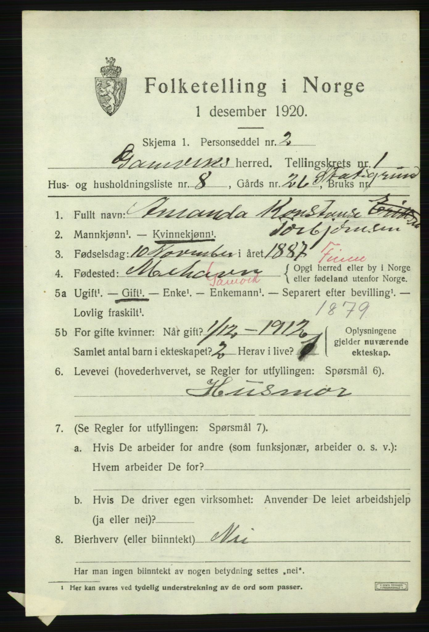 SATØ, 1920 census for Gamvik, 1920, p. 600