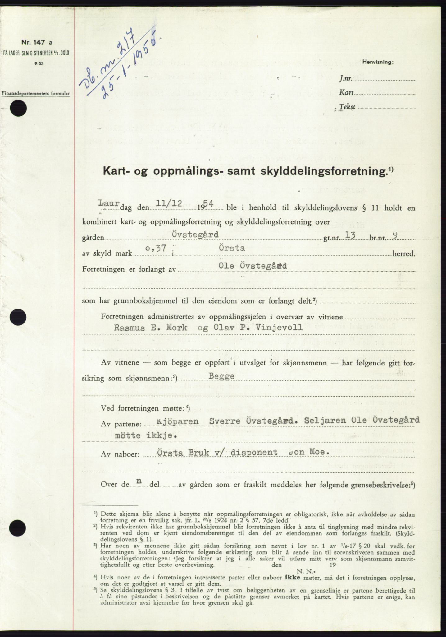 Søre Sunnmøre sorenskriveri, AV/SAT-A-4122/1/2/2C/L0100: Mortgage book no. 26A, 1954-1955, Diary no: : 217/1955