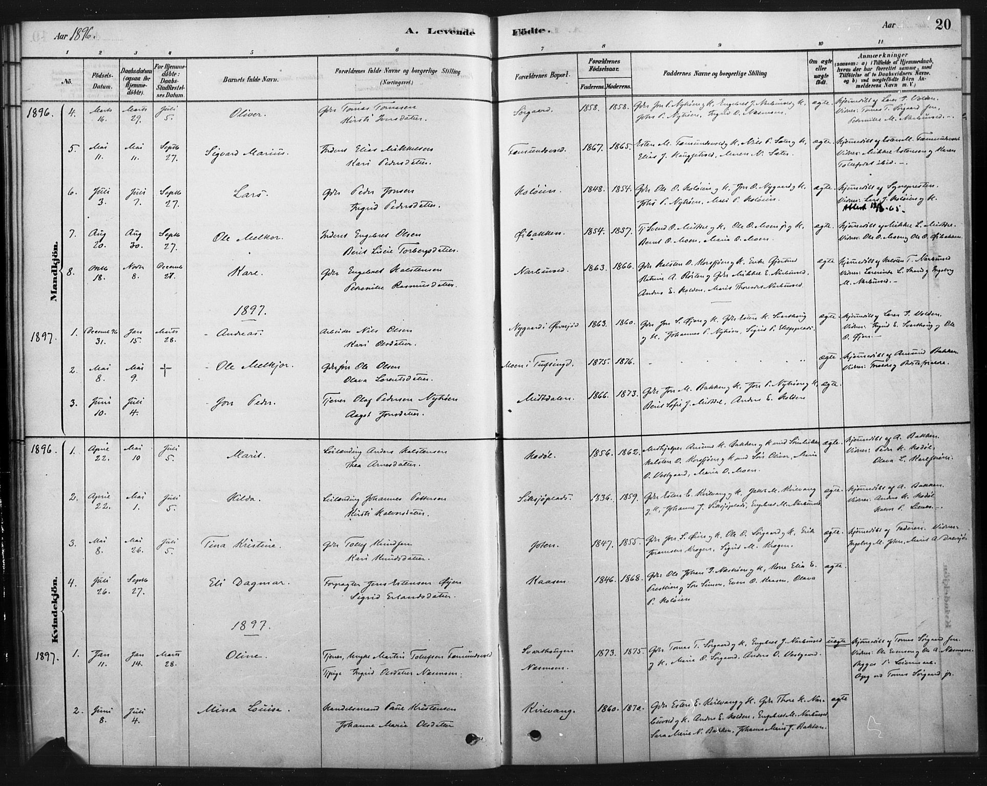 Tolga prestekontor, AV/SAH-PREST-062/K/L0007: Parish register (official) no. 7, 1877-1900, p. 20