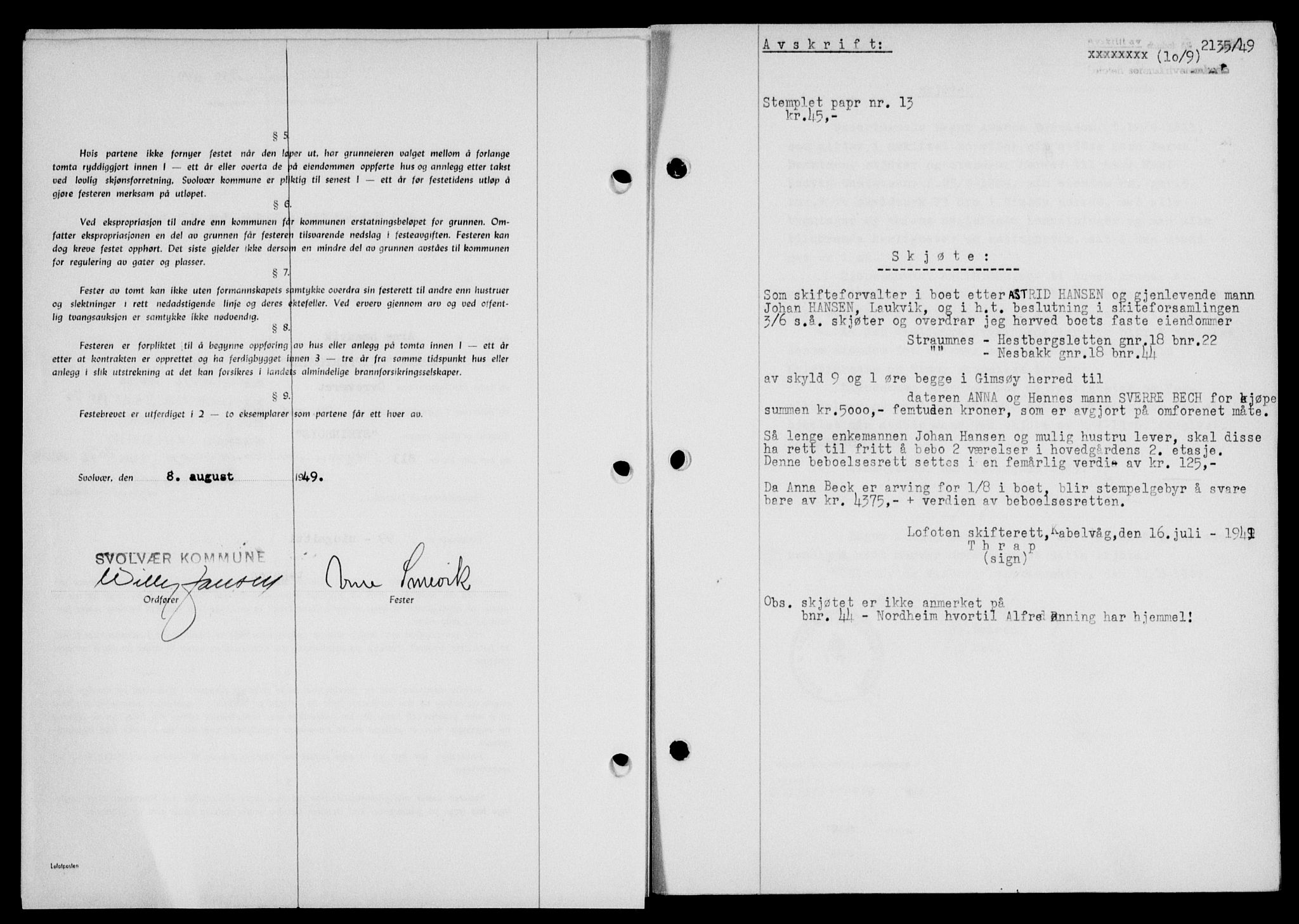Lofoten sorenskriveri, SAT/A-0017/1/2/2C/L0021a: Mortgage book no. 21a, 1949-1949, Diary no: : 2135/1949