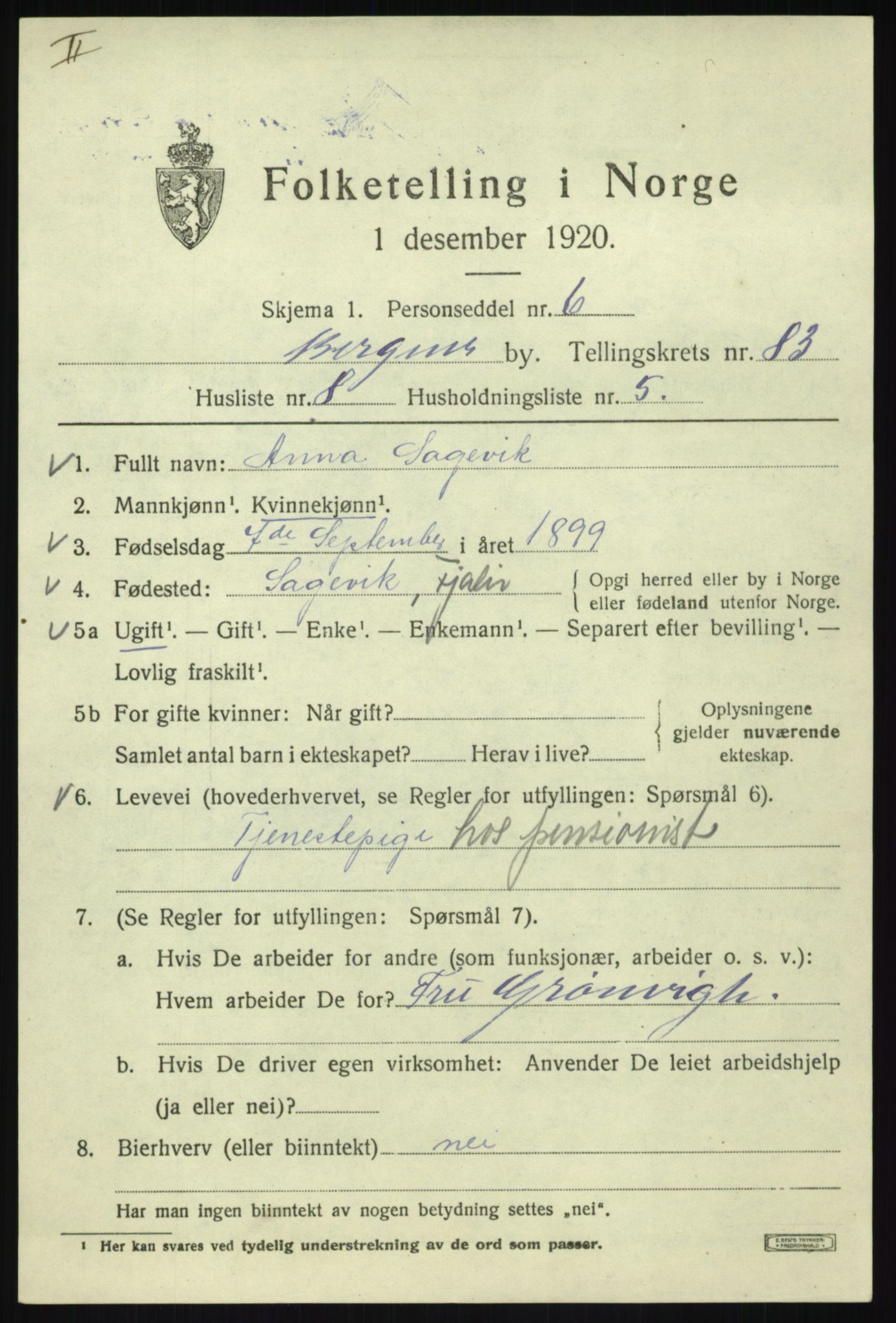 SAB, 1920 census for Bergen, 1920, p. 154574