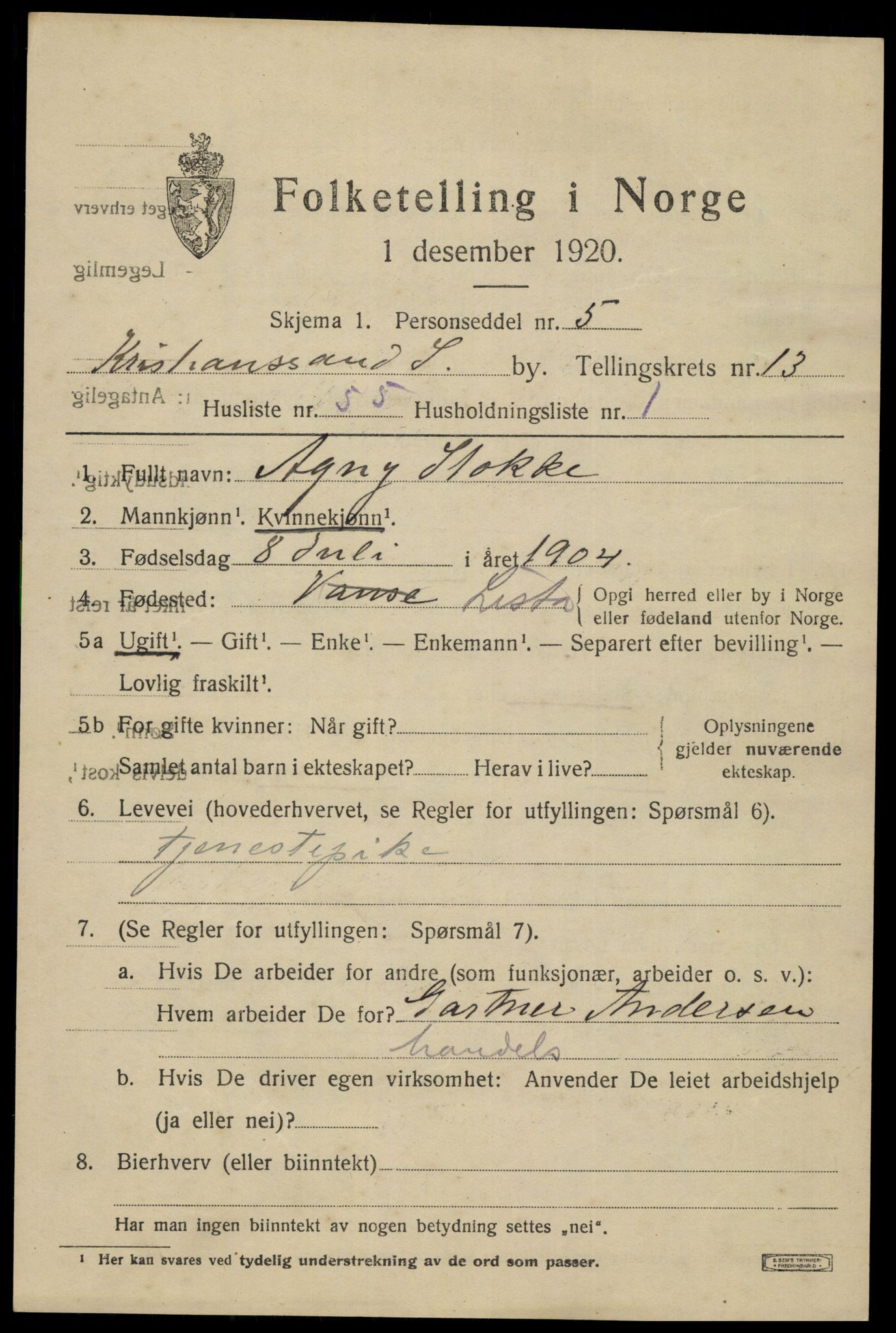 SAK, 1920 census for Kristiansand, 1920, p. 28267