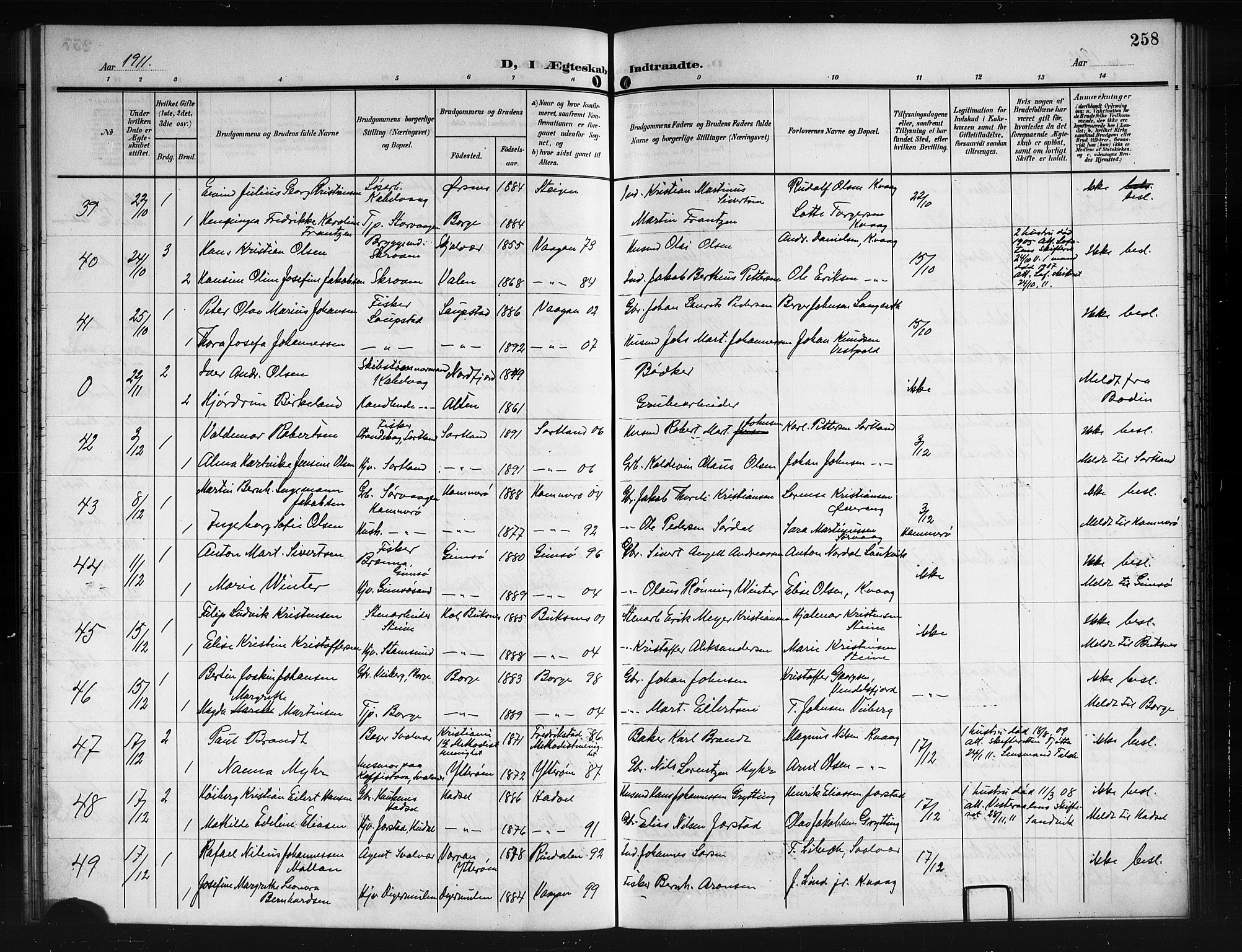Ministerialprotokoller, klokkerbøker og fødselsregistre - Nordland, SAT/A-1459/874/L1079: Parish register (copy) no. 874C08, 1907-1915, p. 258