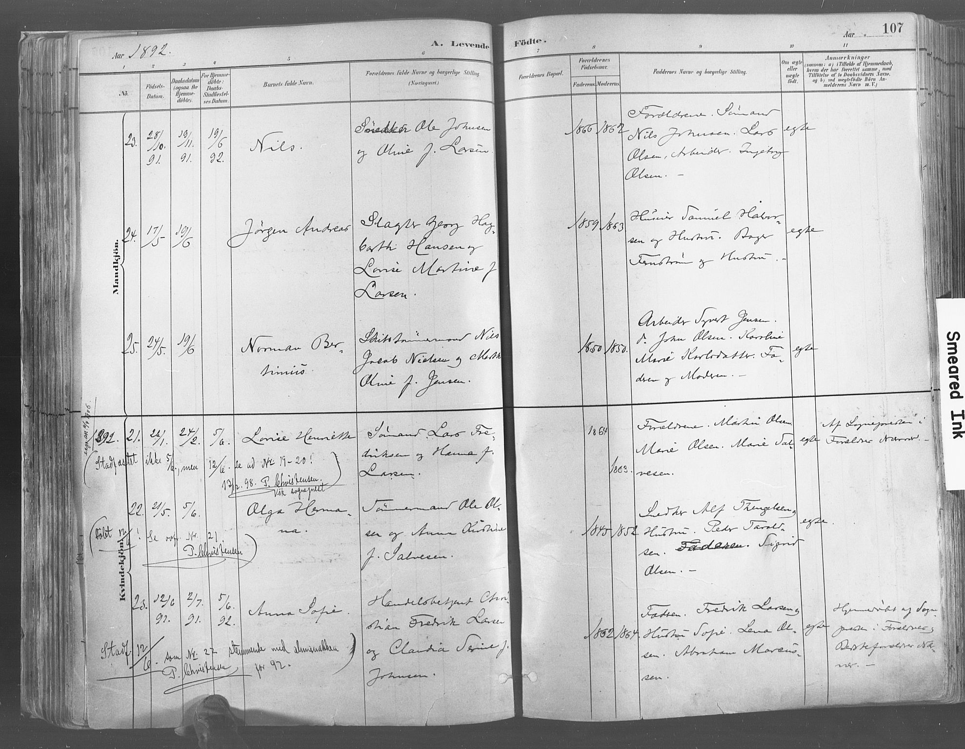 Risør sokneprestkontor, AV/SAK-1111-0035/F/Fa/L0005: Parish register (official) no. A 5, 1883-1895, p. 107