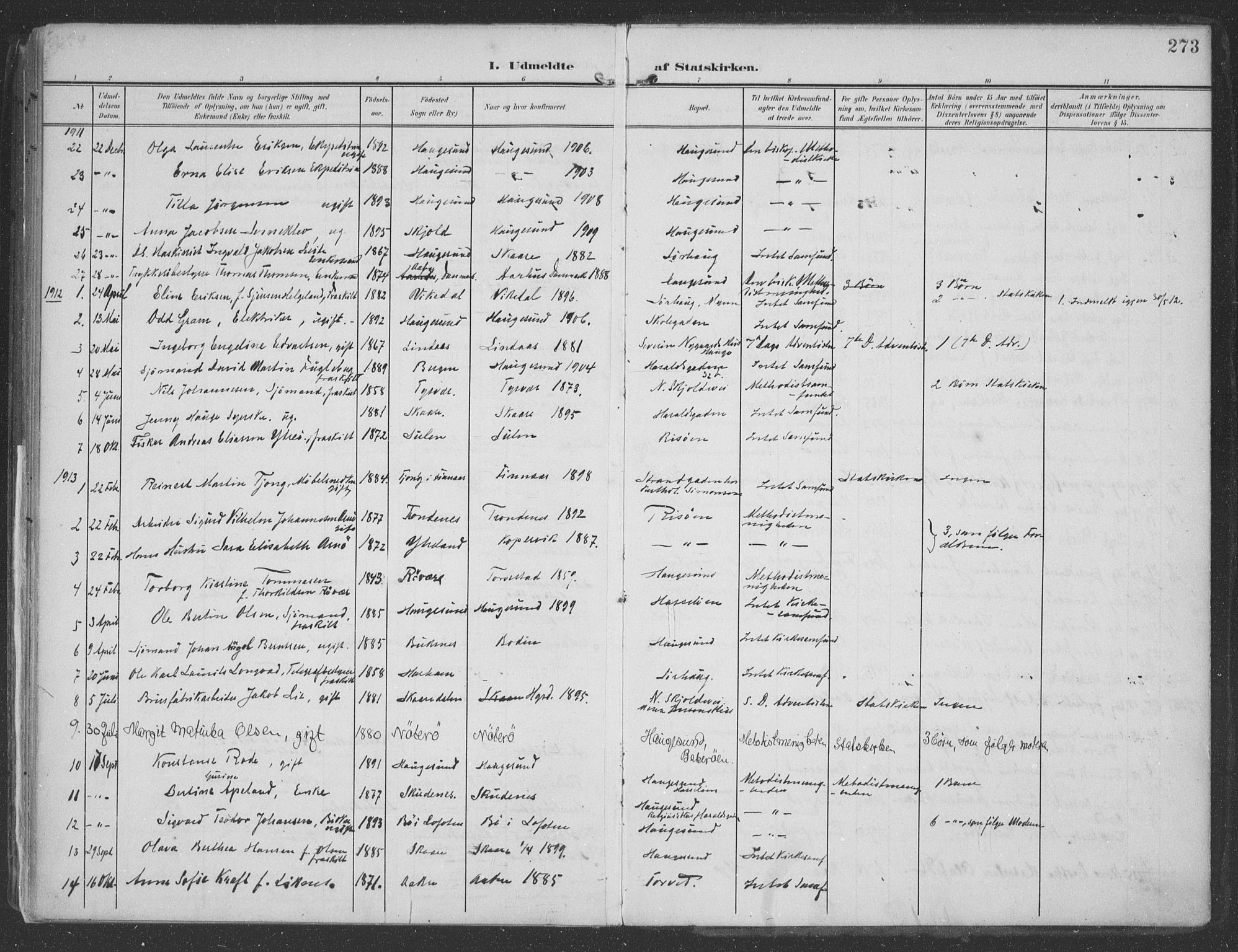 Haugesund sokneprestkontor, AV/SAST-A -101863/H/Ha/Haa/L0007: Parish register (official) no. A 7, 1904-1916, p. 273