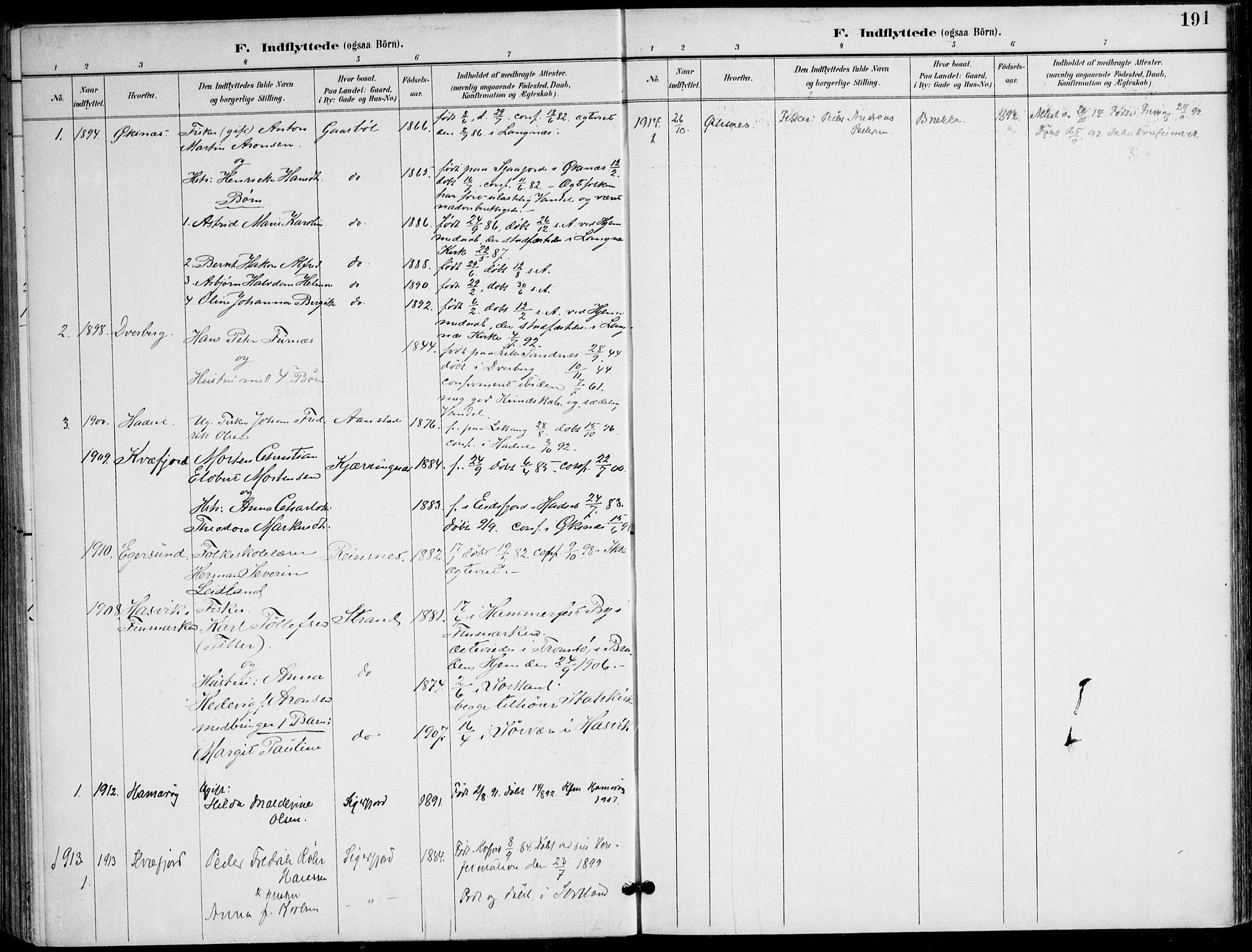 Ministerialprotokoller, klokkerbøker og fødselsregistre - Nordland, AV/SAT-A-1459/895/L1372: Parish register (official) no. 895A07, 1894-1914, p. 191