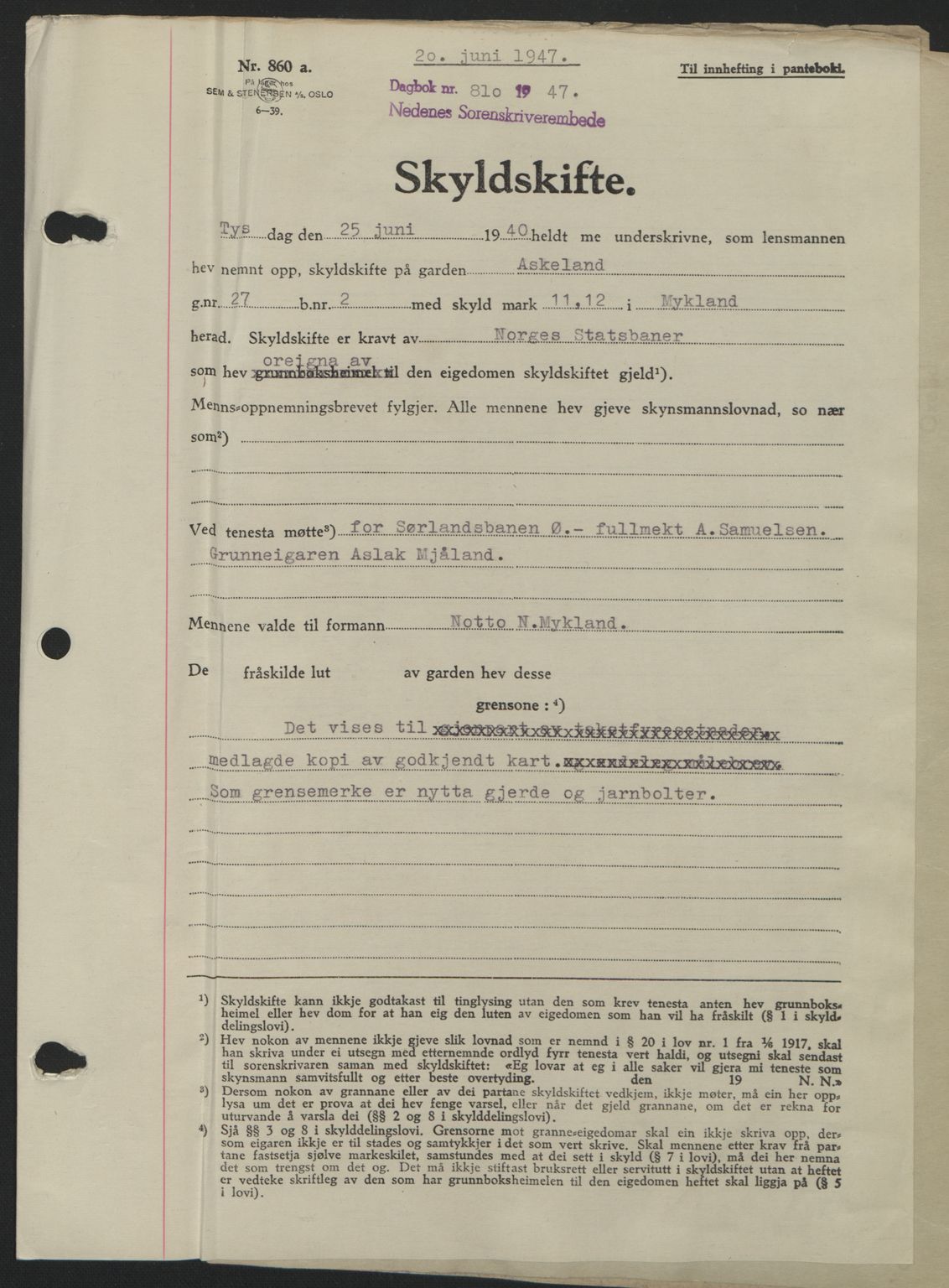 Nedenes sorenskriveri, AV/SAK-1221-0006/G/Gb/Gba/L0057: Mortgage book no. A9, 1947-1947, Diary no: : 810/1947