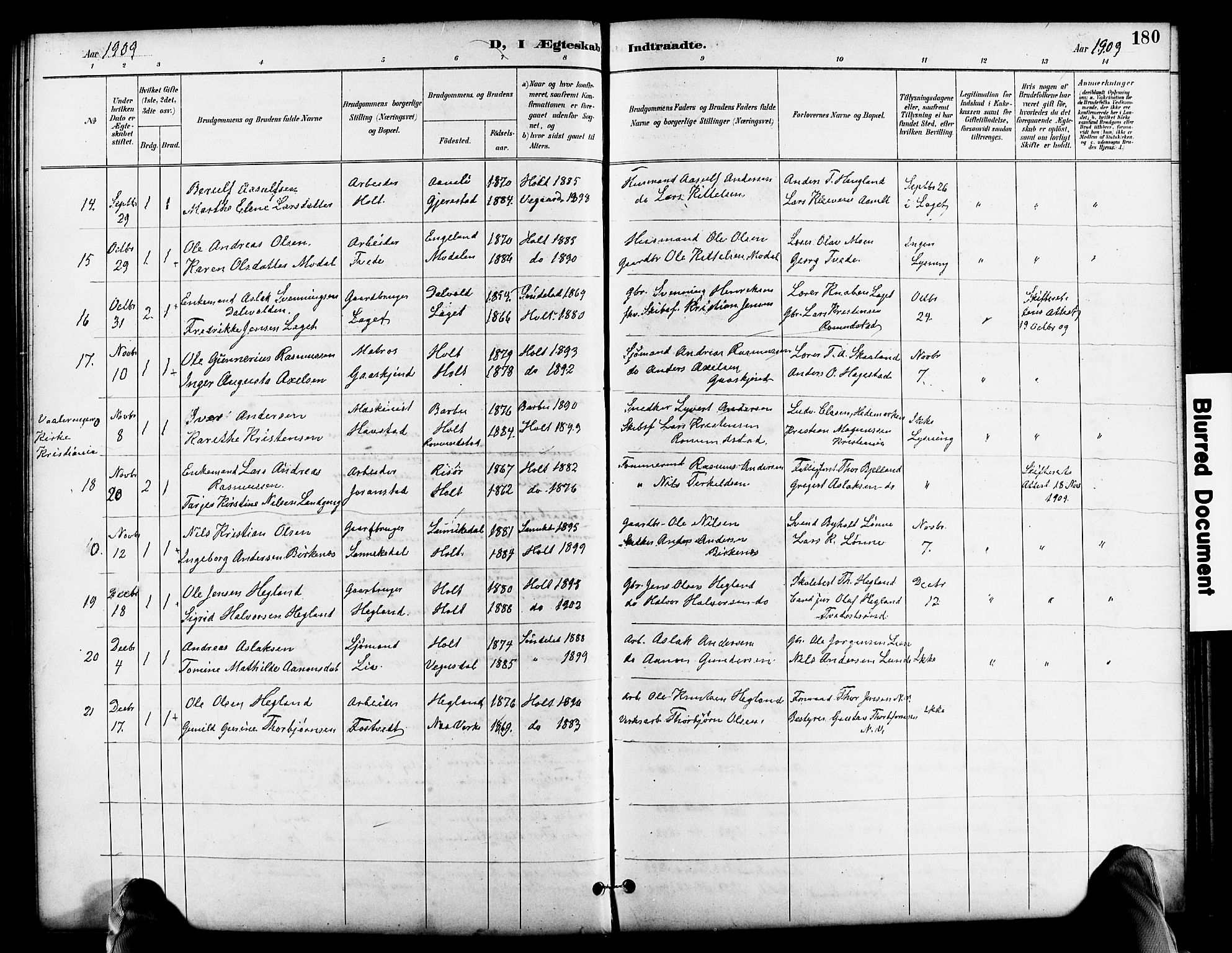 Holt sokneprestkontor, SAK/1111-0021/F/Fb/L0011: Parish register (copy) no. B 11, 1897-1921, p. 180