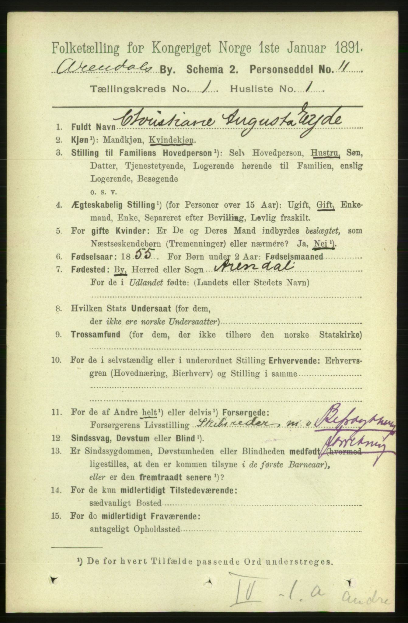 RA, 1891 census for 0903 Arendal, 1891, p. 937