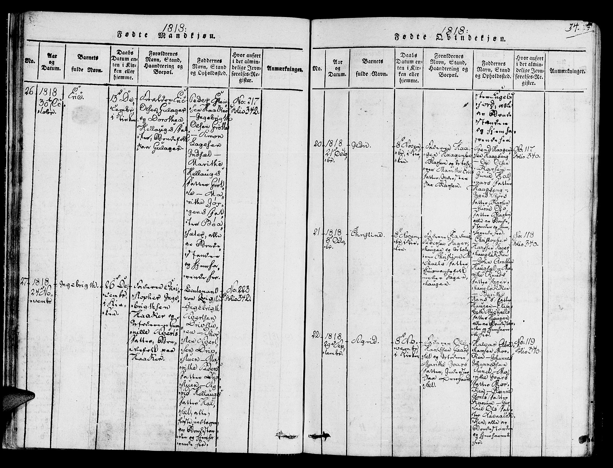 Ministerialprotokoller, klokkerbøker og fødselsregistre - Sør-Trøndelag, SAT/A-1456/678/L0895: Parish register (official) no. 678A05 /1, 1816-1821, p. 34