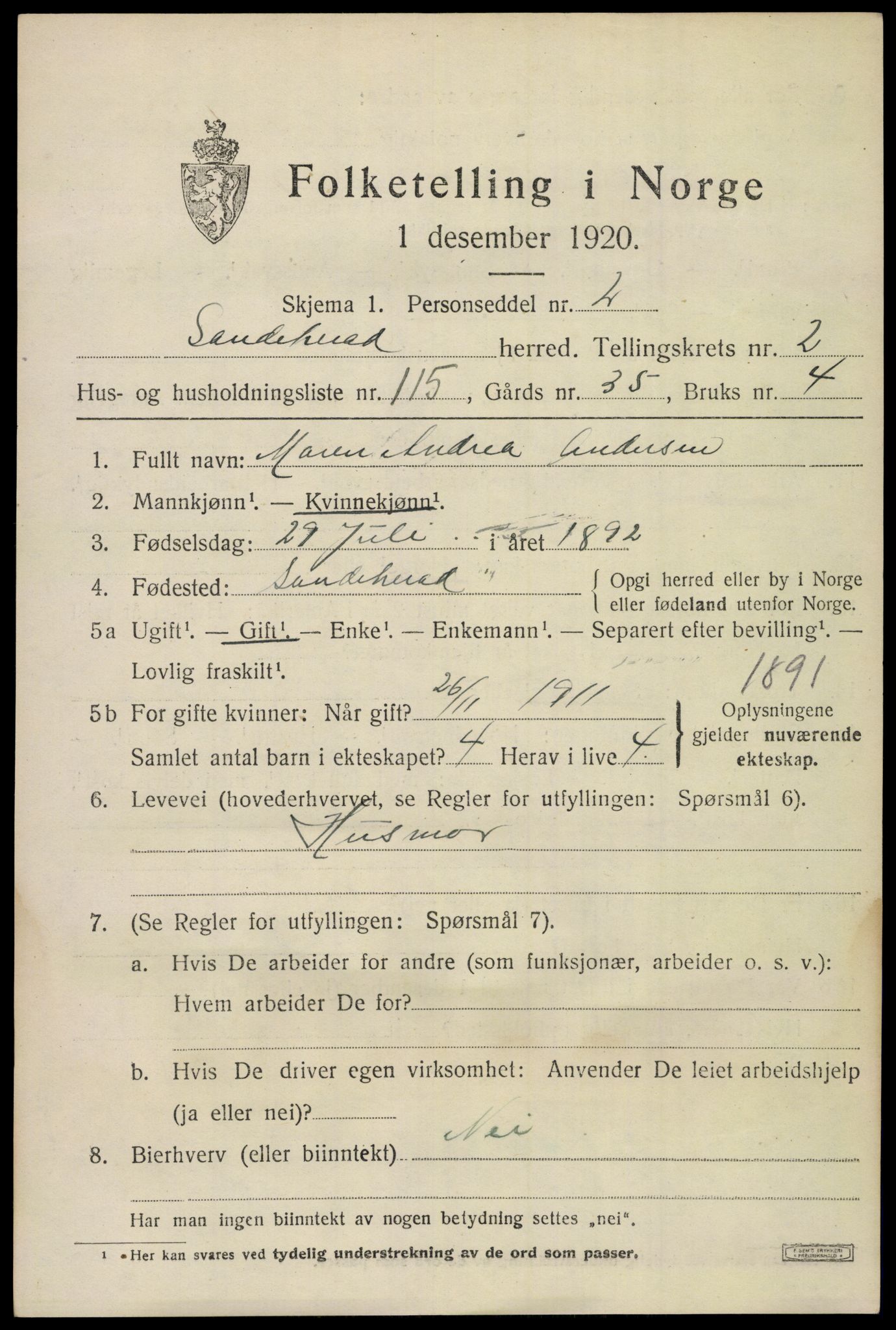 SAKO, 1920 census for Sandeherred, 1920, p. 5208