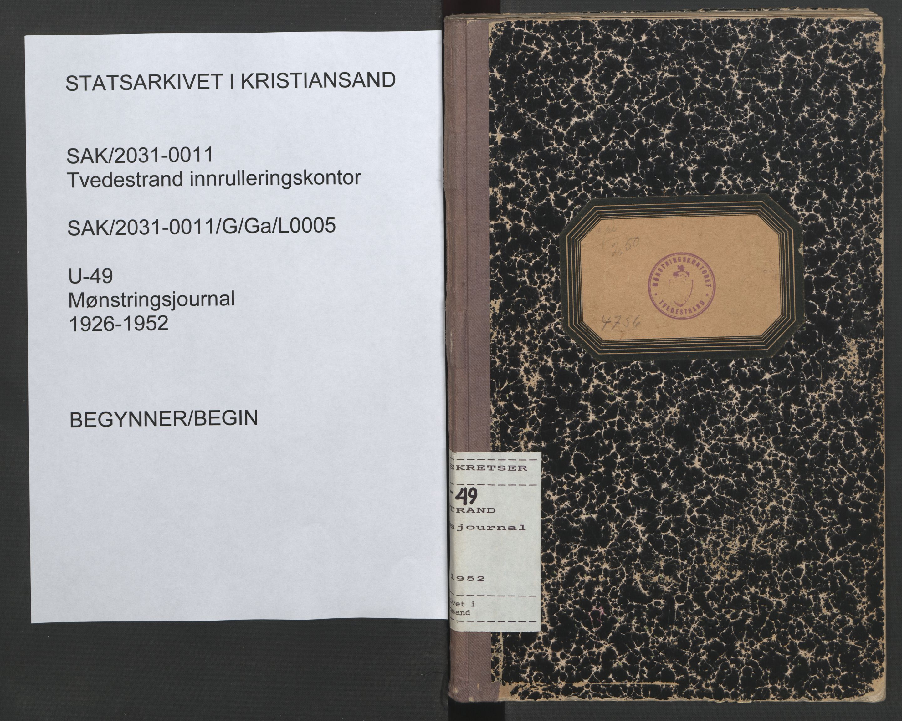 Tvedestrand mønstringskrets, AV/SAK-2031-0011/G/Ga/L0005: Mønstringsjournal, U-49, 1926-1952, p. 1