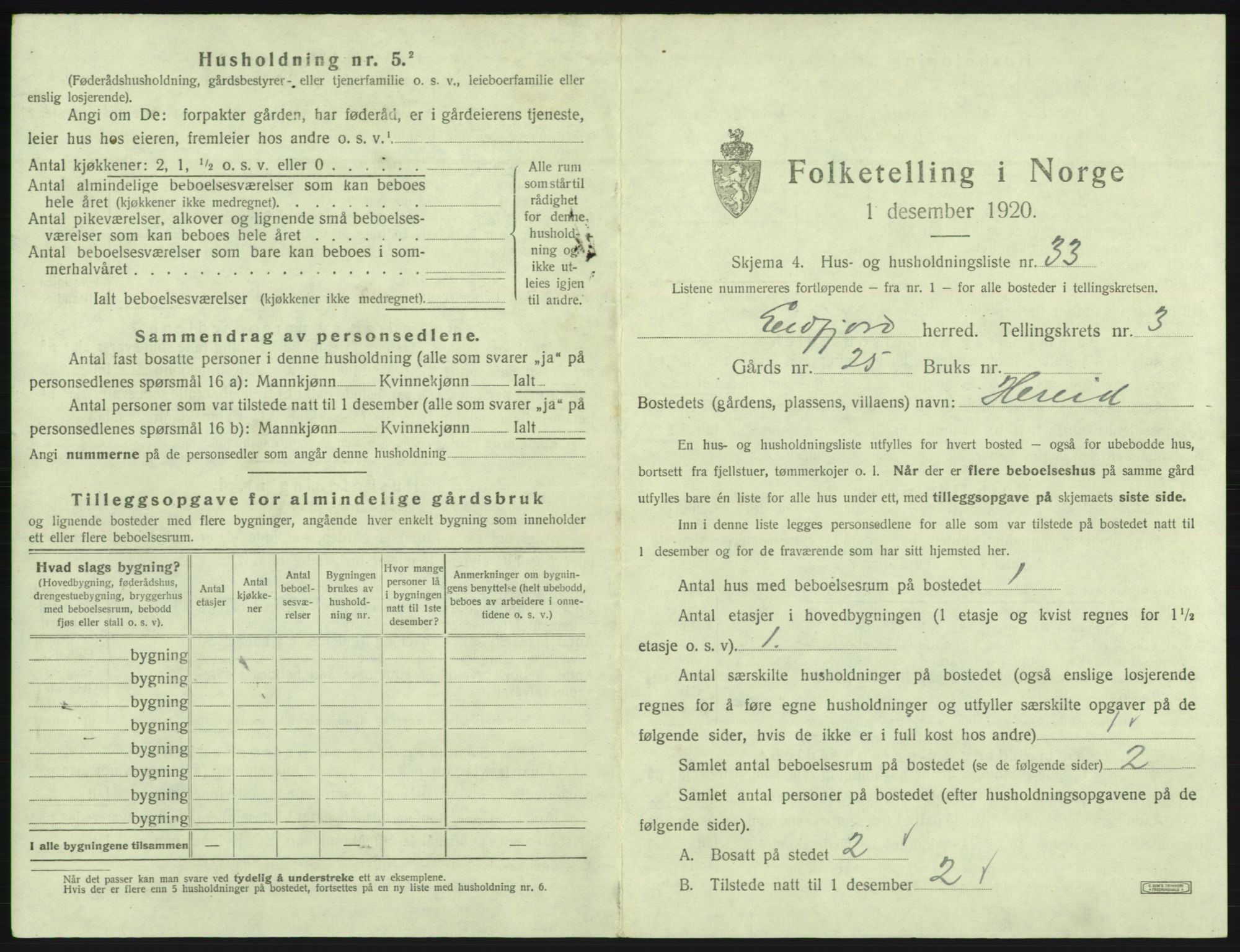 SAB, 1920 census for Eidfjord, 1920, p. 200