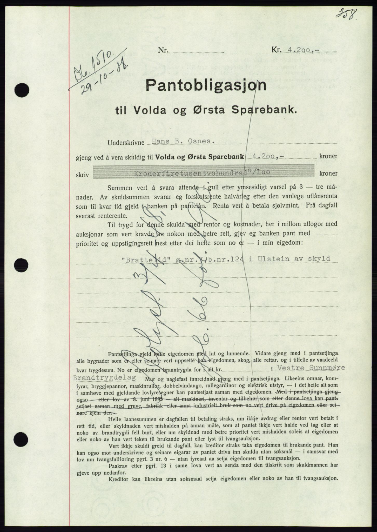 Søre Sunnmøre sorenskriveri, AV/SAT-A-4122/1/2/2C/L0066: Mortgage book no. 60, 1938-1938, Diary no: : 1510/1938