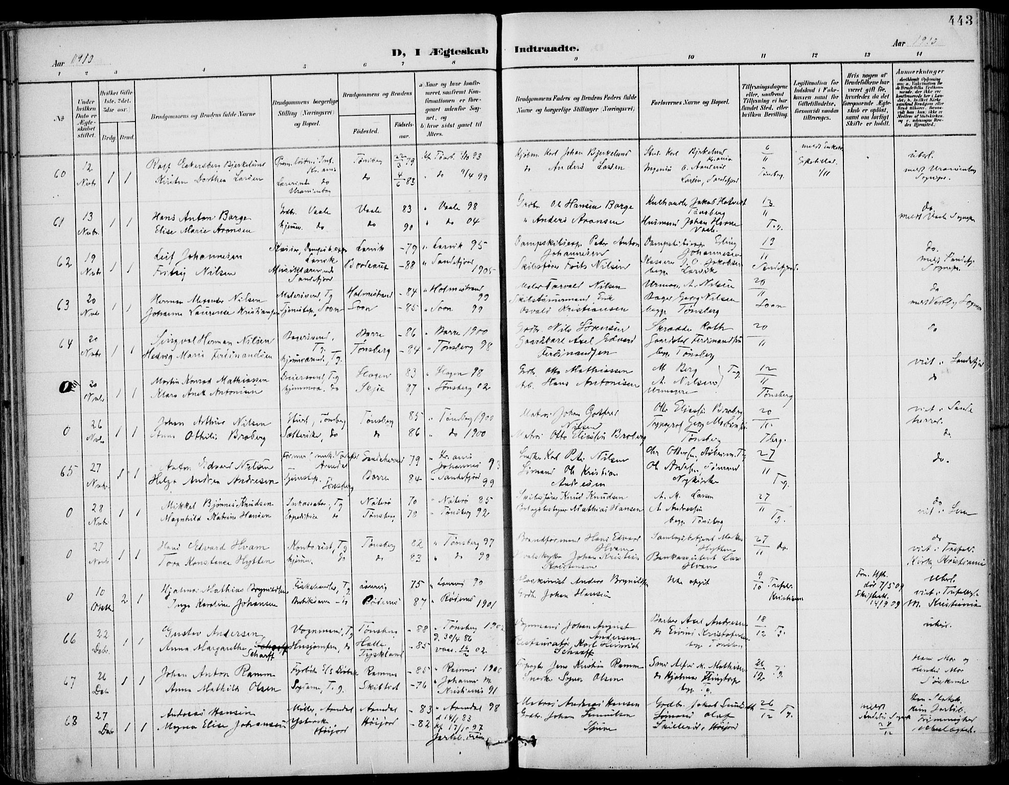 Tønsberg kirkebøker, AV/SAKO-A-330/F/Fa/L0013: Parish register (official) no. I 13, 1900-1913, p. 443