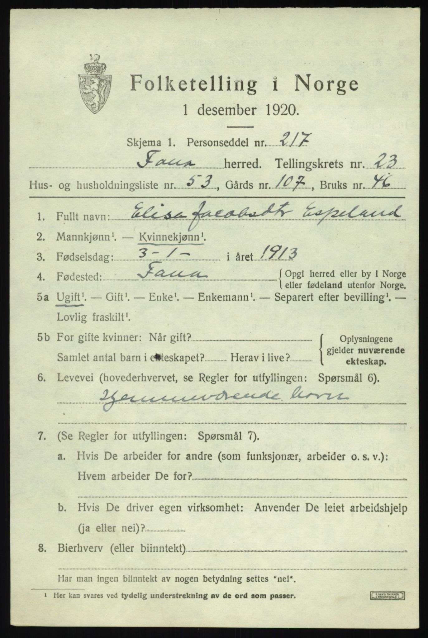 SAB, 1920 census for Fana, 1920, p. 26721