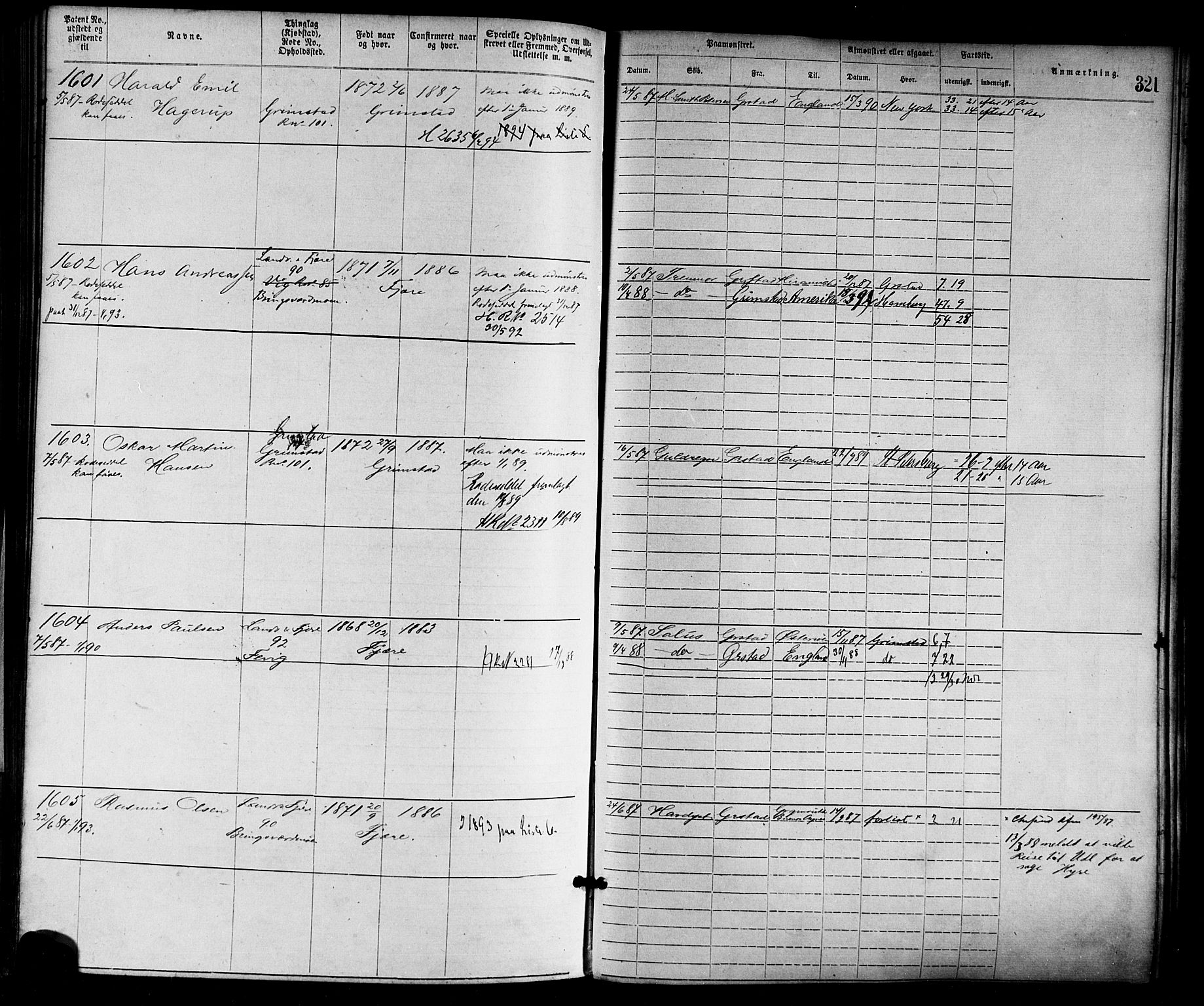 Grimstad mønstringskrets, SAK/2031-0013/F/Fa/L0001: Annotasjonsrulle nr 1-1920 med register, F-1, 1870-1892, p. 354