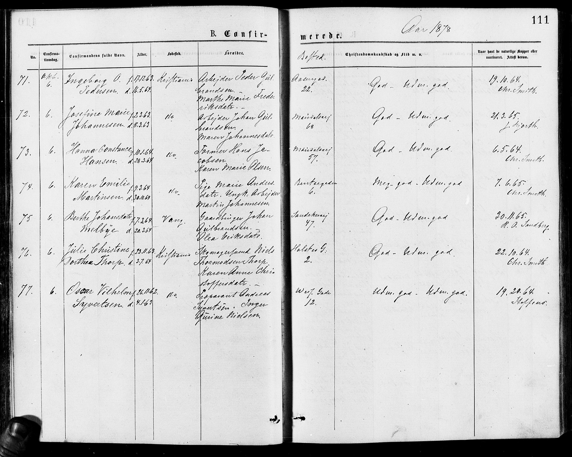 Gamle Aker prestekontor Kirkebøker, AV/SAO-A-10617a/F/L0005: Parish register (official) no. 5, 1873-1881, p. 111