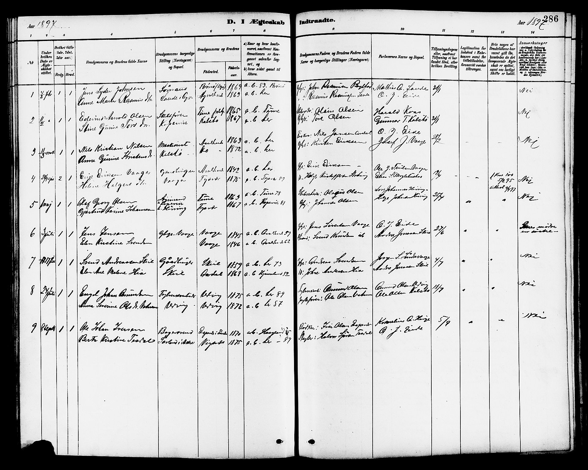 Avaldsnes sokneprestkontor, SAST/A -101851/H/Ha/Hab/L0007: Parish register (copy) no. B 7, 1885-1909, p. 286