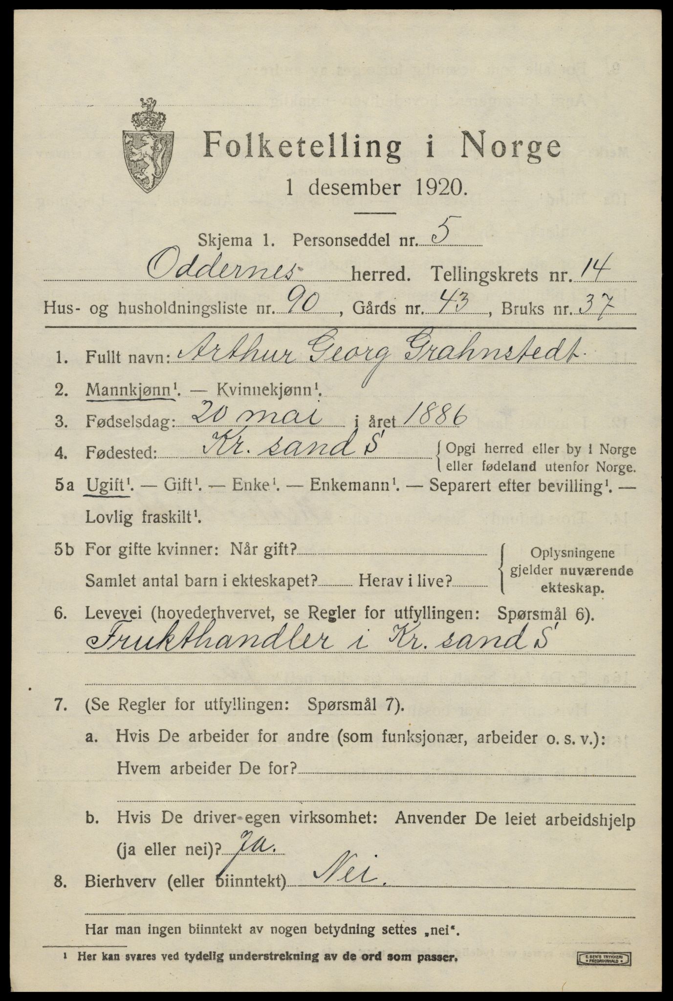 SAK, 1920 census for Oddernes, 1920, p. 9665